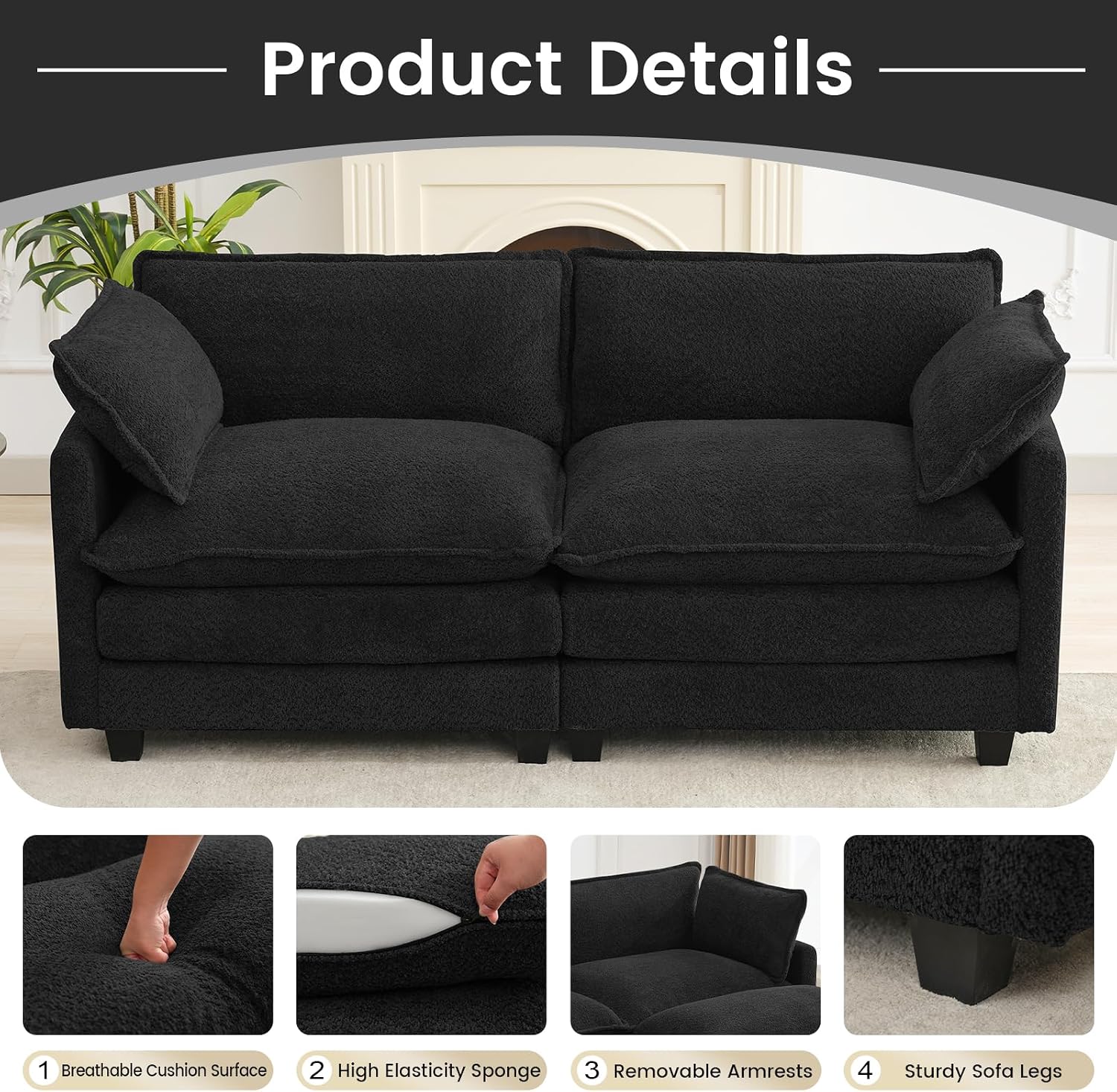ROWHY Modular Loveseat Sectional Sofa, 78' Upholstered Loveseat, 2 Deep Seat Sofa Couch with 2 Throw Pillows for Small Space, Modern Comfy Cloud Couch for Living Room, Chenille, Black