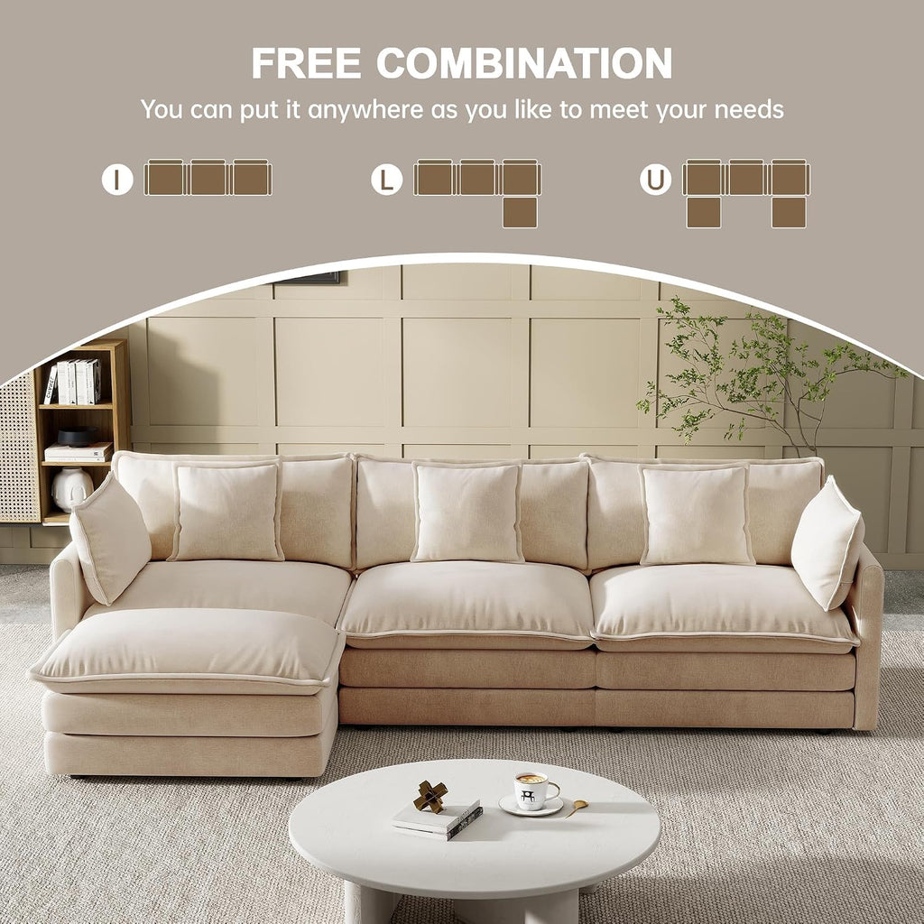 Modular Sectional Sofa, 111.5 Inch L-Shaped Cloud Sofa with Deep Seat Chenille Sofa with Cushions, Three-Self Sectional Sofa for Living Room Apartment,Light Coffee