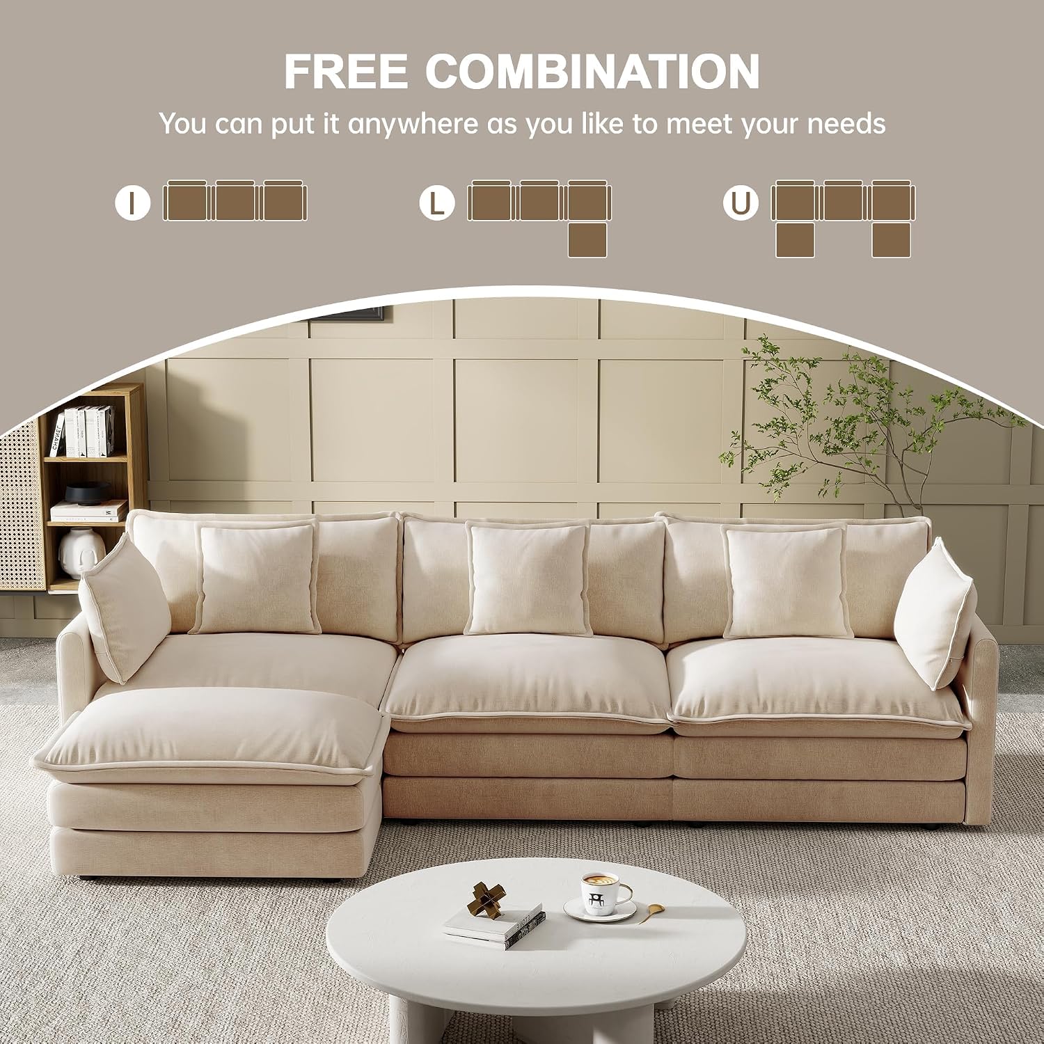 Modular Sectional Sofa, 111.5 Inch L-Shaped Cloud Sofa with Deep Seat Chenille Sofa with Cushions, Three-Self Sectional Sofa for Living Room Apartment,Light Coffee