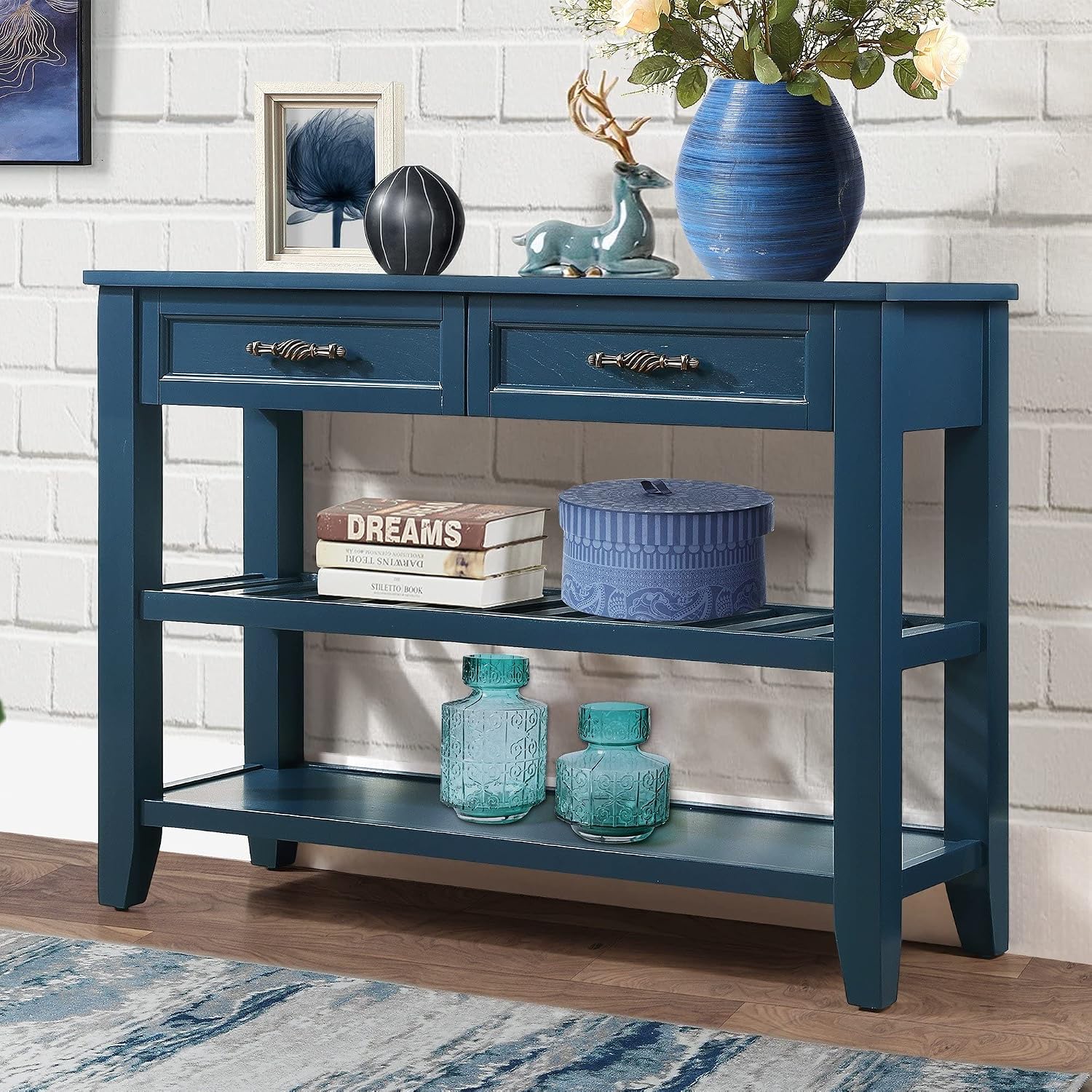 LKTART Solid Wood Console Table Entryway Table with Storage Drawers and Shelves Sofa Table for Entry Hallway Foyer,Behind the Couch Table(42' Navy Blue)