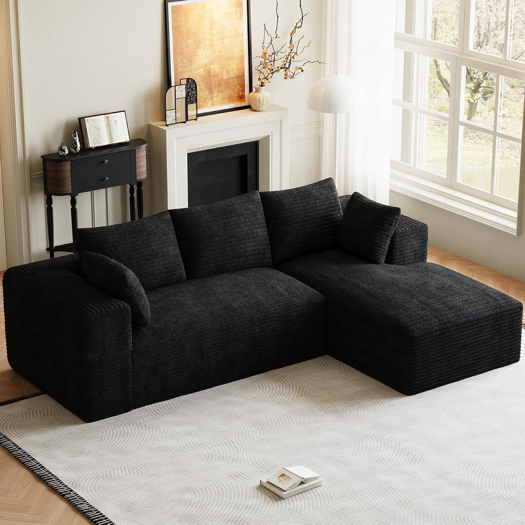 107' L-Shaped Boneless Sectional Couches for Living Room, Comfy Corduroy Fluffy Cloud Couch, Deep Seat Memory Foam Plush Modular Sectional Sofa with Right-Facing Chaise, No Assembly, Black