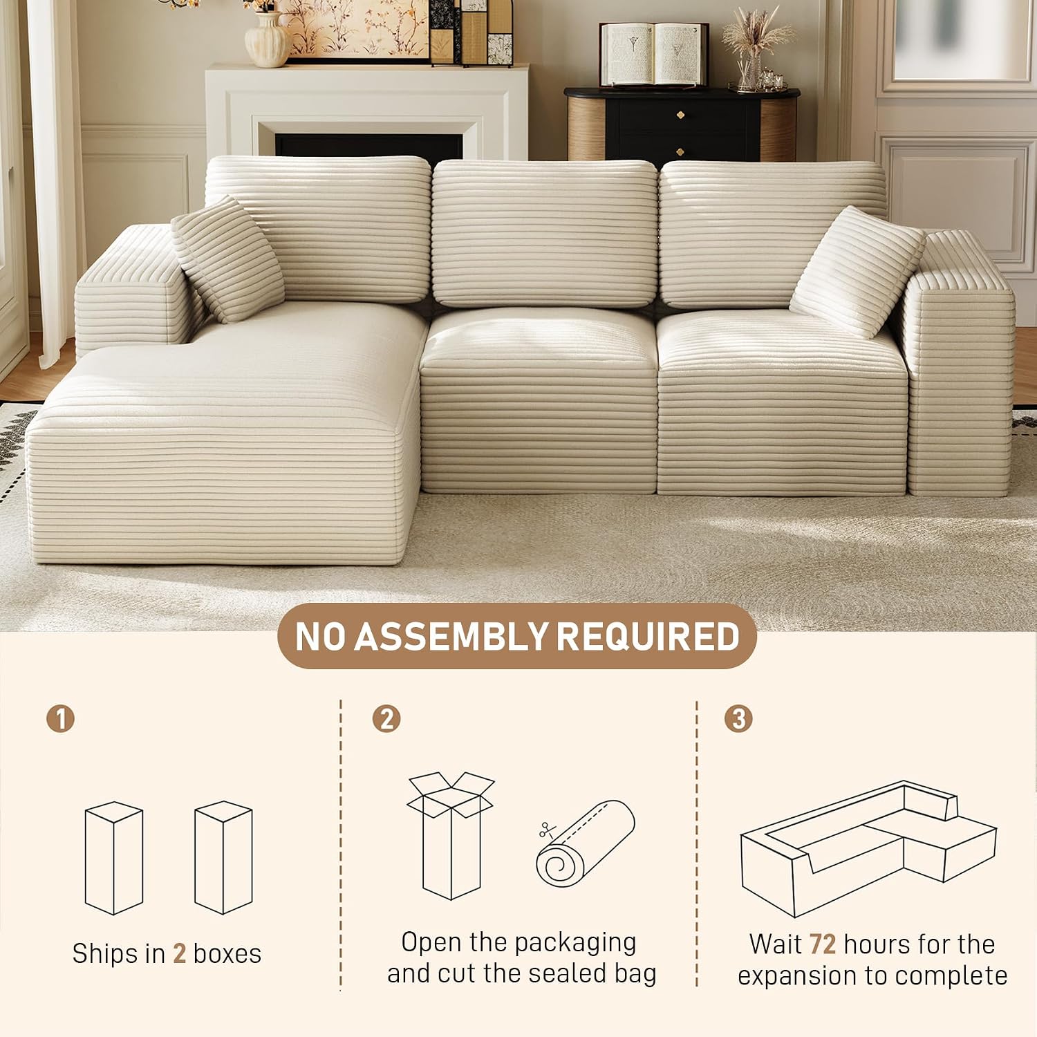 109' L-Shaped Boneless Cloud Sectional Couches, Comfy Corduroy Fluffy Modular Sectional Sofa with Left-Facing Chaise, Deep Seat Memory Foam Plush Couch for Living Room, Small Spaces, Beige White