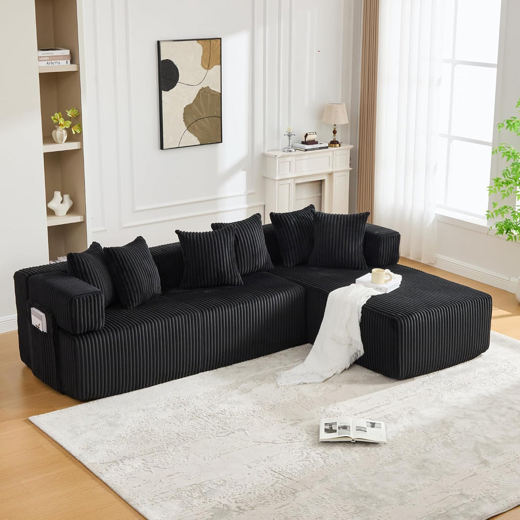 Oversized Cloud Boneless Couch with Chaise, 146' Modern U Shape Modular Deep Seat Sectional Sofa, Comfy Corduroy Upholstered Couches for Living Room, No Assembly Required-Black