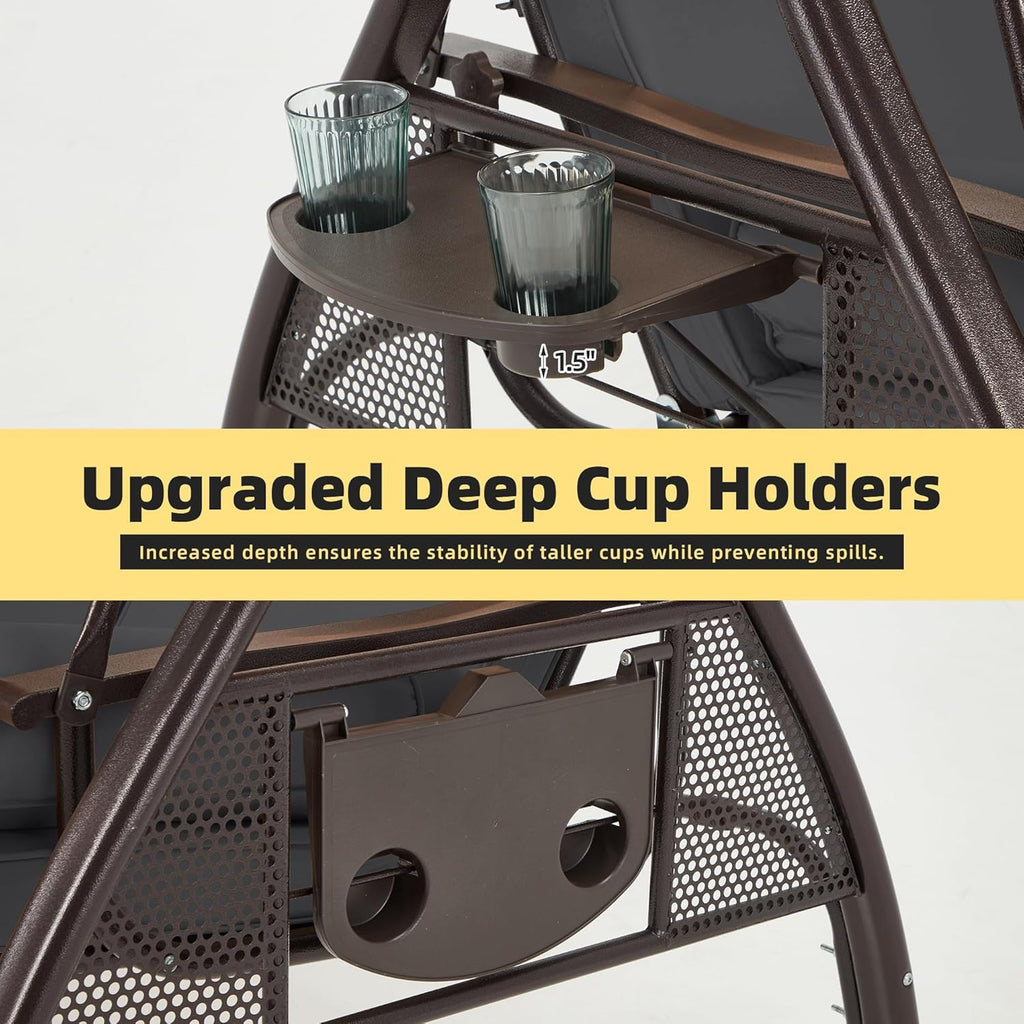 HOMREST 3 Person Outdoor Porch Swing with 1.5' Upgraded Cup Holder, Adjustable Canopy, Backrest, Patio Swing Bed with Weather Resistant Steel Frame, Cushions for Garden,Deck and Poolside(Gray)