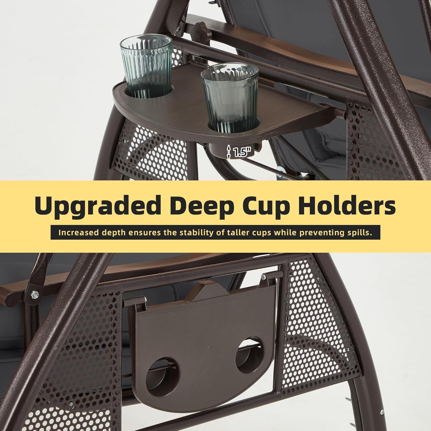 HOMREST 3 Person Outdoor Porch Swing with 1.5' Upgraded Cup Holder, Adjustable Canopy, Backrest, Patio Swing Bed with Weather Resistant Steel Frame, Cushions for Garden,Deck and Poolside(Gray)