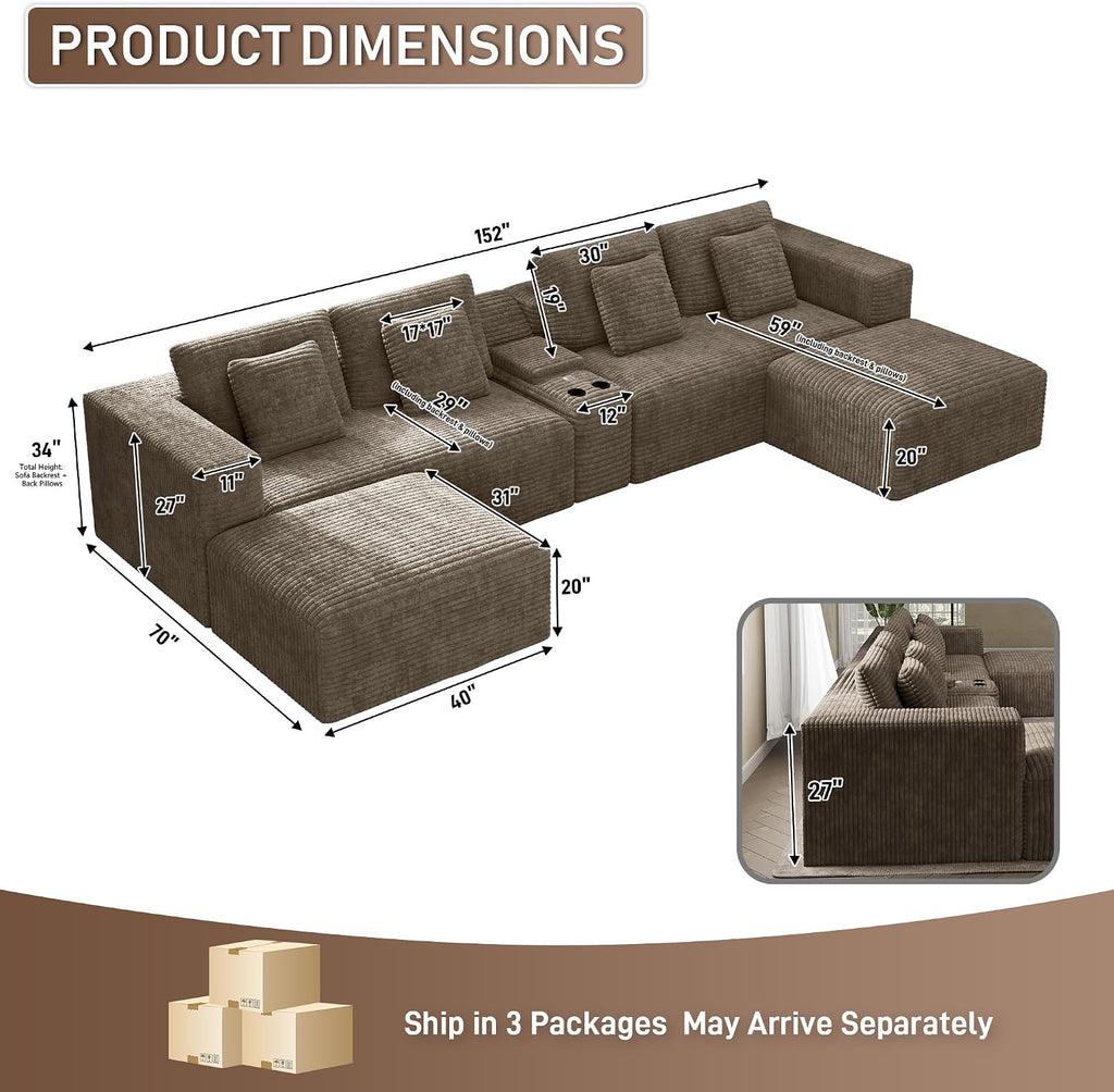 152' Oversized U Shaped Cloud Couches for Living Room, Fluffy Large Modular Sectional Sofa Set with Ottoman Chaise Comfy Corduroy Brown Boneless Couch with Cup Holder USB Port