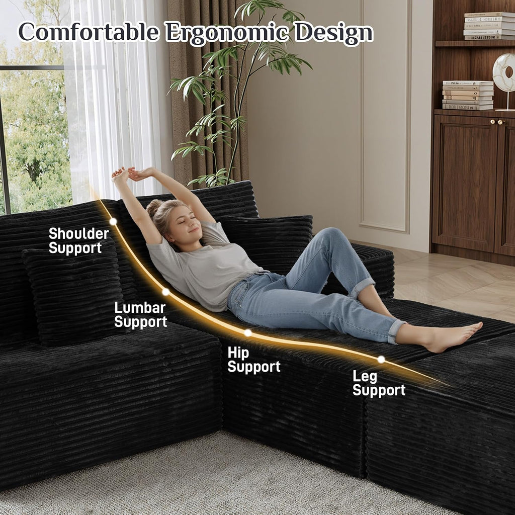 177' Oversized U Shaped Sectional Couch for Living Room, Extra Large Boneless Cloud Couches with Deep Seat Chaise Ottoman, Plush Corduroy 8 Seater Modular Sectional Sofa Set, Black
