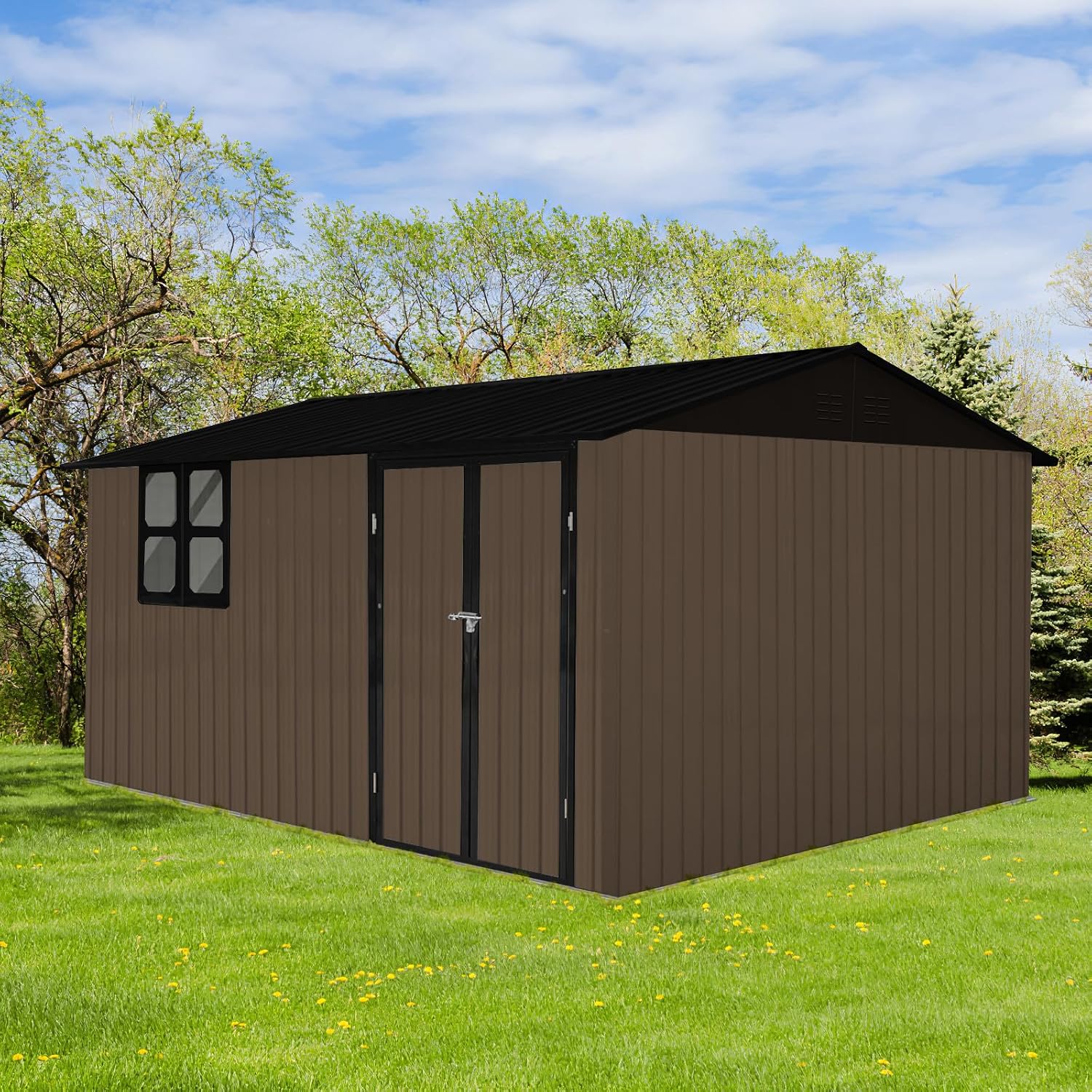 10x12 FT Outdoor Storage Shed, Large Metal Garden Shed with 4-pane Window, Outside Tool Shed with Lockable Hinged Door & 4 Air Vents, Waterproof Storage Building for Backyard, Patio, Lawn, Brown+Black