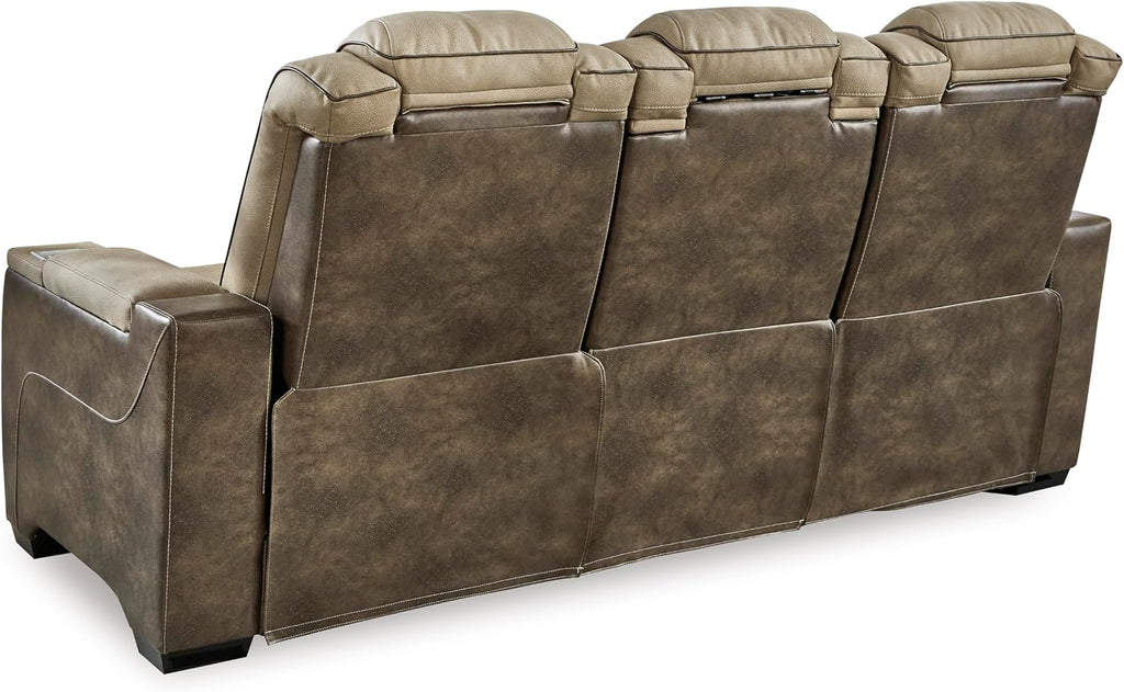 Signature Design by Ashley Next-Gen DuraPella Power Reclining Sofa – Wireless & USB Charging, Zero-Gravity, Adjustable Headrest, Water-Repellent Faux Leather, Drop-Down Table, Beige/Brown, 86'