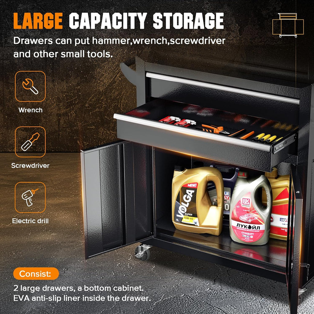 Crownland 8-Drawer Rolling Tool Chest with Wheels, Lockable 2 in 1 Detachable Tool Cabinet wit Drawers and Black Liners, Garage Top Toolbox & Bottom Storage Cart with Side Hooks(Black)