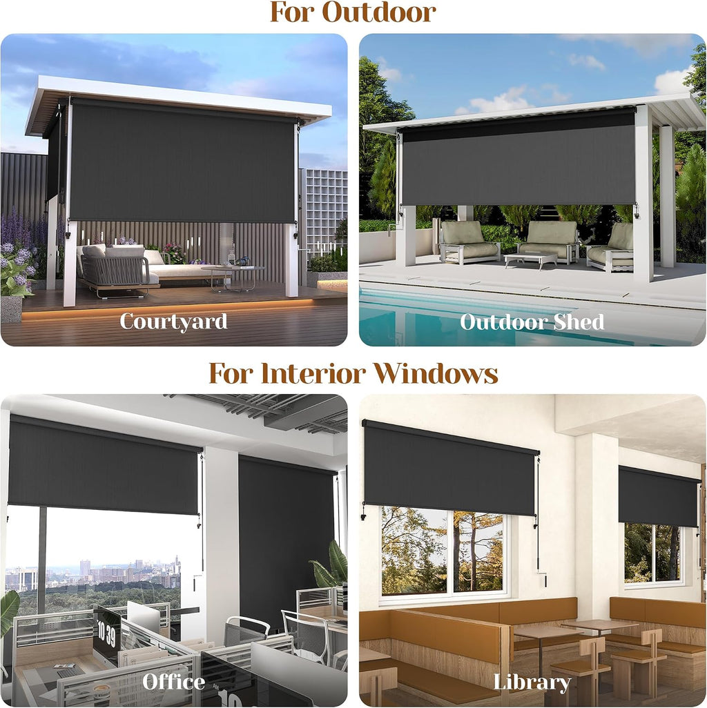 Outdoor Roller Shade (6'W X 6'H) 420GSM New Material with 95% UV Protection, Cordless Aluminum Patio Shade with Crank Handle, Outdoor Patio Blinds for Shading, Privacy Protection, Black