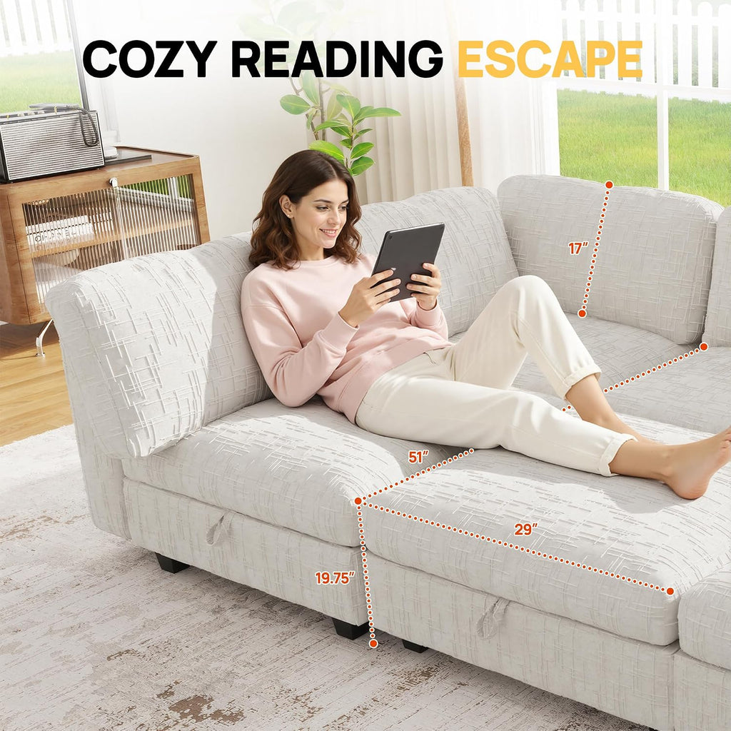 99' Modular Sectional Chenille Sofa bed with Hidden Storage, Comfy Modern 6 Seater Oversized Deep Seat Couch, Modular Sectional with Ottoman and Removable Cover for Living Room, Apartment, Beige