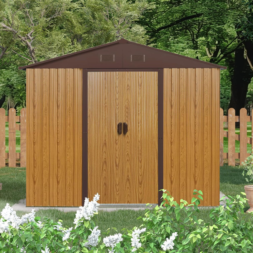 8 X 4 FT Outdoor Storage Shed Large Metal Utility Tool Sheds with Floor Frame Vertical Outside Storage Building with Sliding Door for Backyard Garden Patio Lawn, Coffee