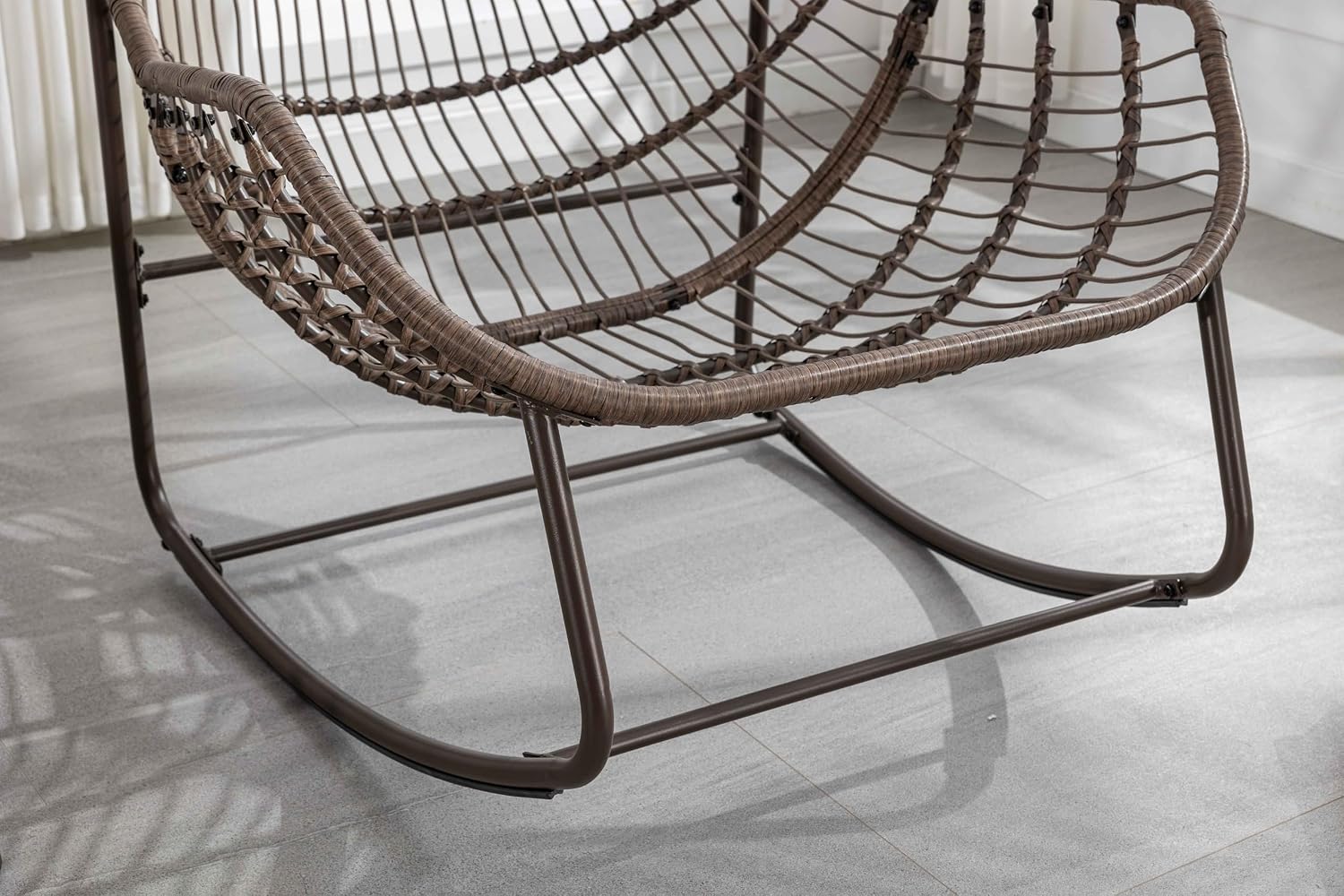 Wicker Outdoor Rocking Chair Rattan Egg Chair with Thick Cushion 30° Smooth Rocking Patio Lounge Reclining for Indoor Outdoor Use Living Room Front Porch Balcony Lawn Garden, Light Blue