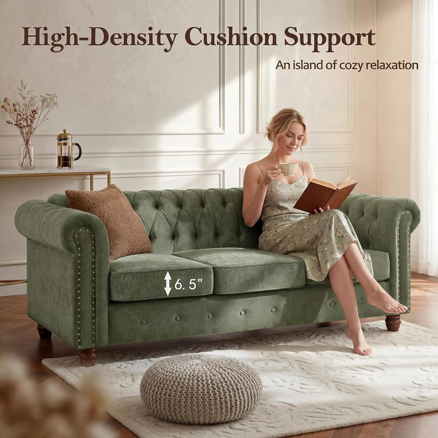 Modern Chesterfield 2-Piece Chenille Sofa & Armchair Combo, Tufted Couch and Accent Chair with Rolled Arms Nailhead Trim and Solid Wood Legs Traditional Upholstered Sofa Set for Living Room Home Green