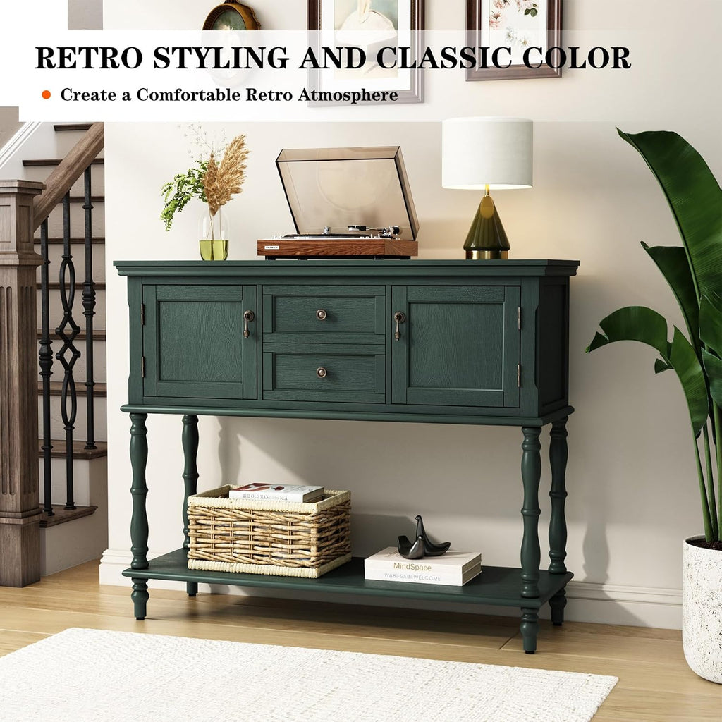 ARTPOWER Console Table with 2 Drawers, Retro Entryway Table with 2 Door Cabinets and Open Storage Shelf, Narrow Long Behind Couch Sofa Table for Living Room, Foyer, Hallway, Green