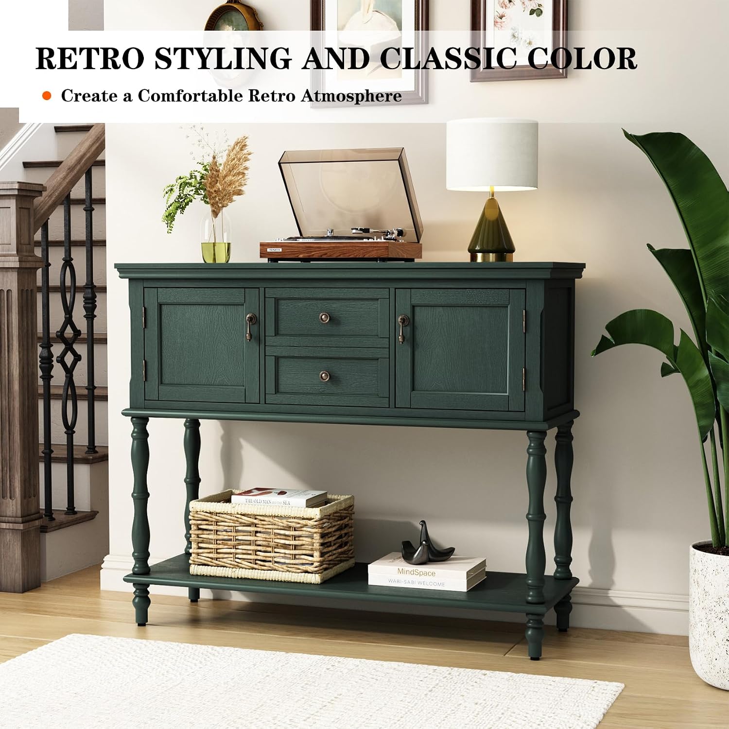 ARTPOWER Console Table with 2 Drawers, Retro Entryway Table with 2 Door Cabinets and Open Storage Shelf, Narrow Long Behind Couch Sofa Table for Living Room, Foyer, Hallway, Green