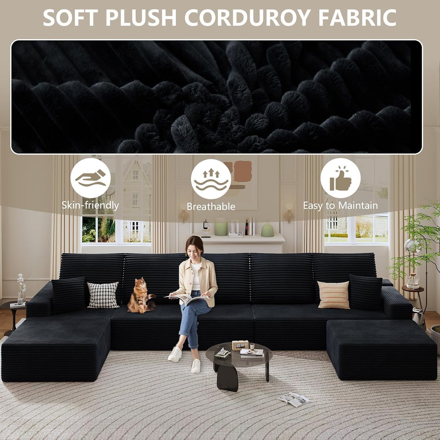 166.9' Cloud Sectional Couch with U-Shaped Chaise, Corduroy Sectional Sofa with Ottoman, Boneless Couch with Deep Seat in a Box for Living Room, No Assembly Required (Black, Left Facing Chaise)
