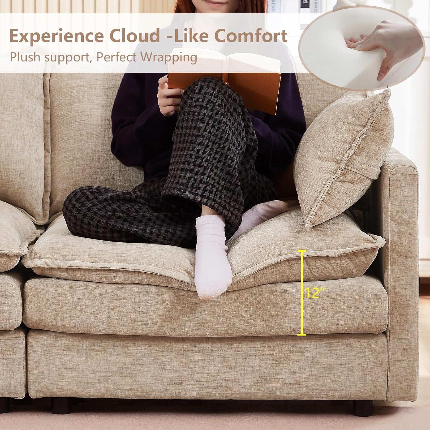 GNIXUU 102' Modular Sectional Sofa, L Shaped Cloud Couch with Movable Ottoman & 4 Pillows, Deep Seat Chenille 4 Seater Sectional Couches for Living Room, Apartment (Camel)