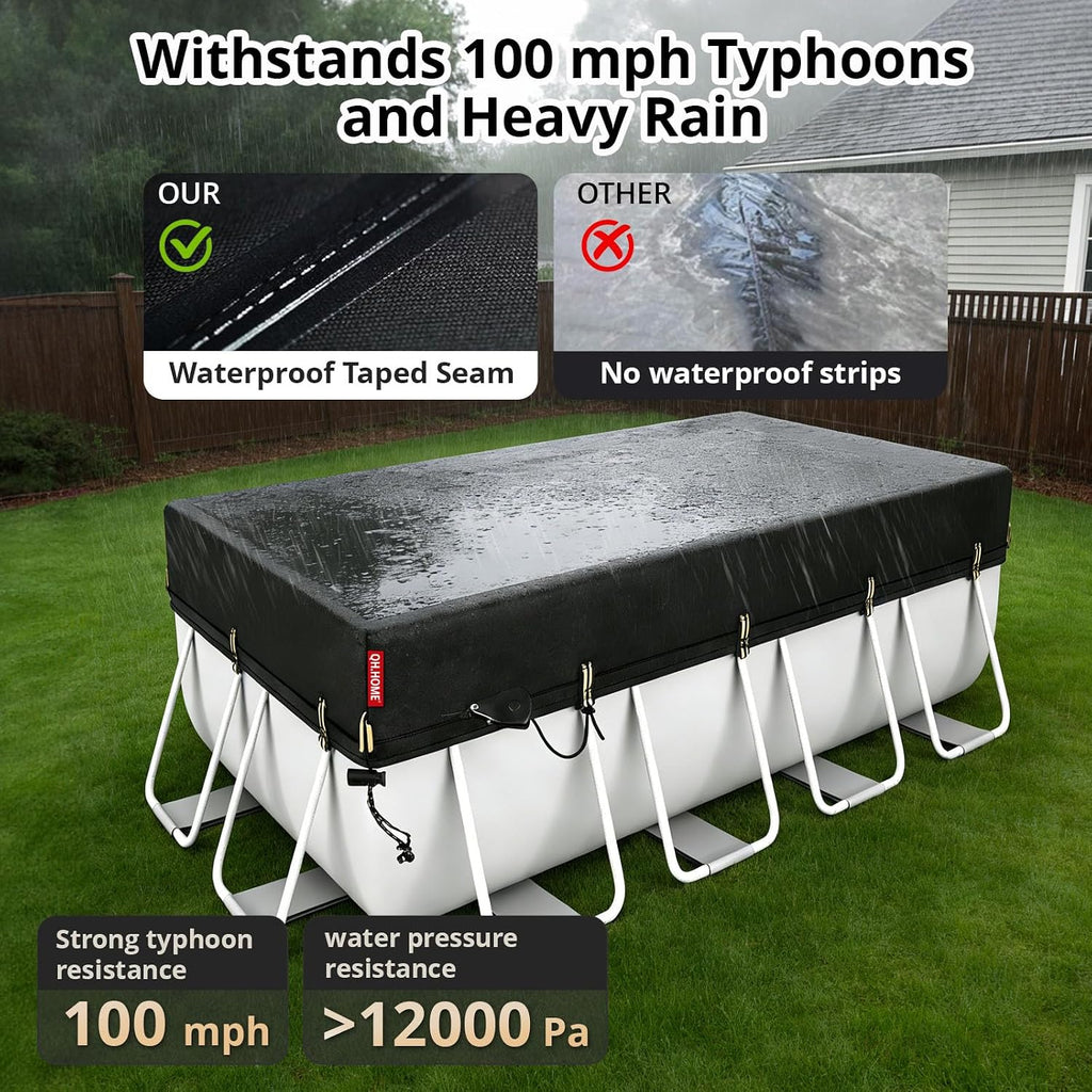 QH.HOME 16x32ft Rectangular Pool Cover,[Ultimate Windproof & Tear-Resistant Fabric],Snug Fit with Patented Ratchet & Weight Rings,Solar Pool Cover for Above Ground Pools, Blocks Leaves &Waterproof