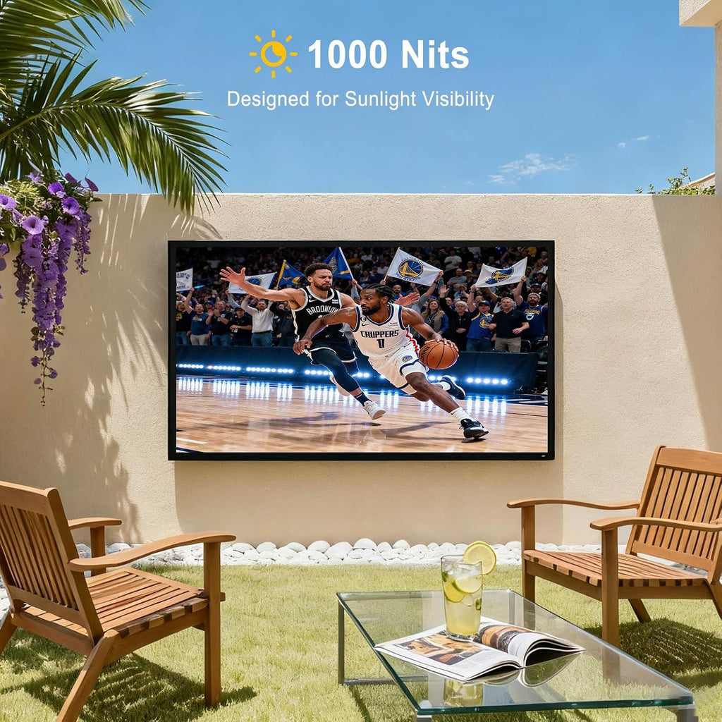 55 Inch Outdoor TV, 4K Weatherproof Outdoor Smart TV, 1000nits High Brightness Outdoor TVs, IP65 Waterproof TV, Voice Assistant Remote, Compatible with Dolby, Suitable for Partial Sun