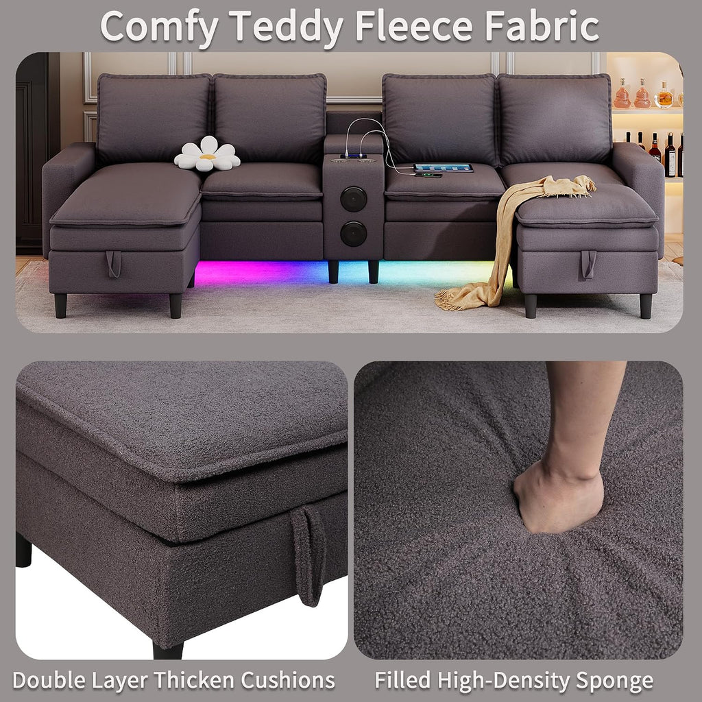 Sectional Couches for Living Room, 4 Seat Sectional Sofa with Smart Module-Bluetooth Speaker/RGB Light/Charging Station, Teddy Fleece U Shaped Cloud Couch with Storage Ottoman (Dark Grey)