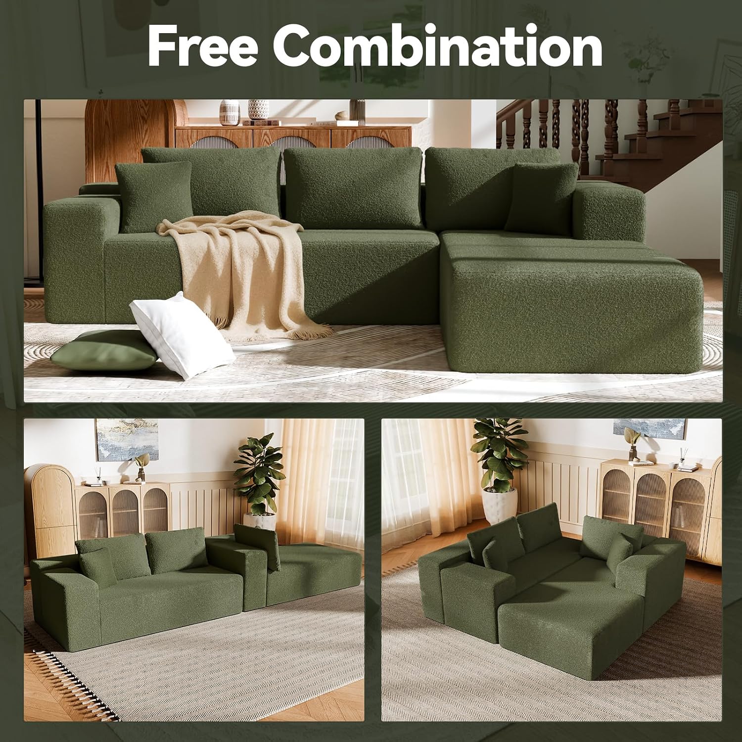 Cloud Wool Modular Sectional Sofa with Chaise, 106' L-Shaped Sofa Couch for Living Room, Deep Seat Plush Boneless Couches, Includes Pillows, Left Chaise, Green