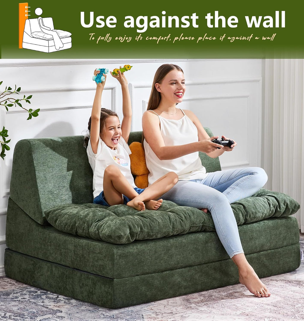 Hobestluk Sofa Couch Folding Sofa Bed Sleeper Comfy Floor Lounger Loveseat Sofa with Removable Cushion Couches Foldable Mattress for Living Room Bedroom or Office (Chenille Green, Oversize)