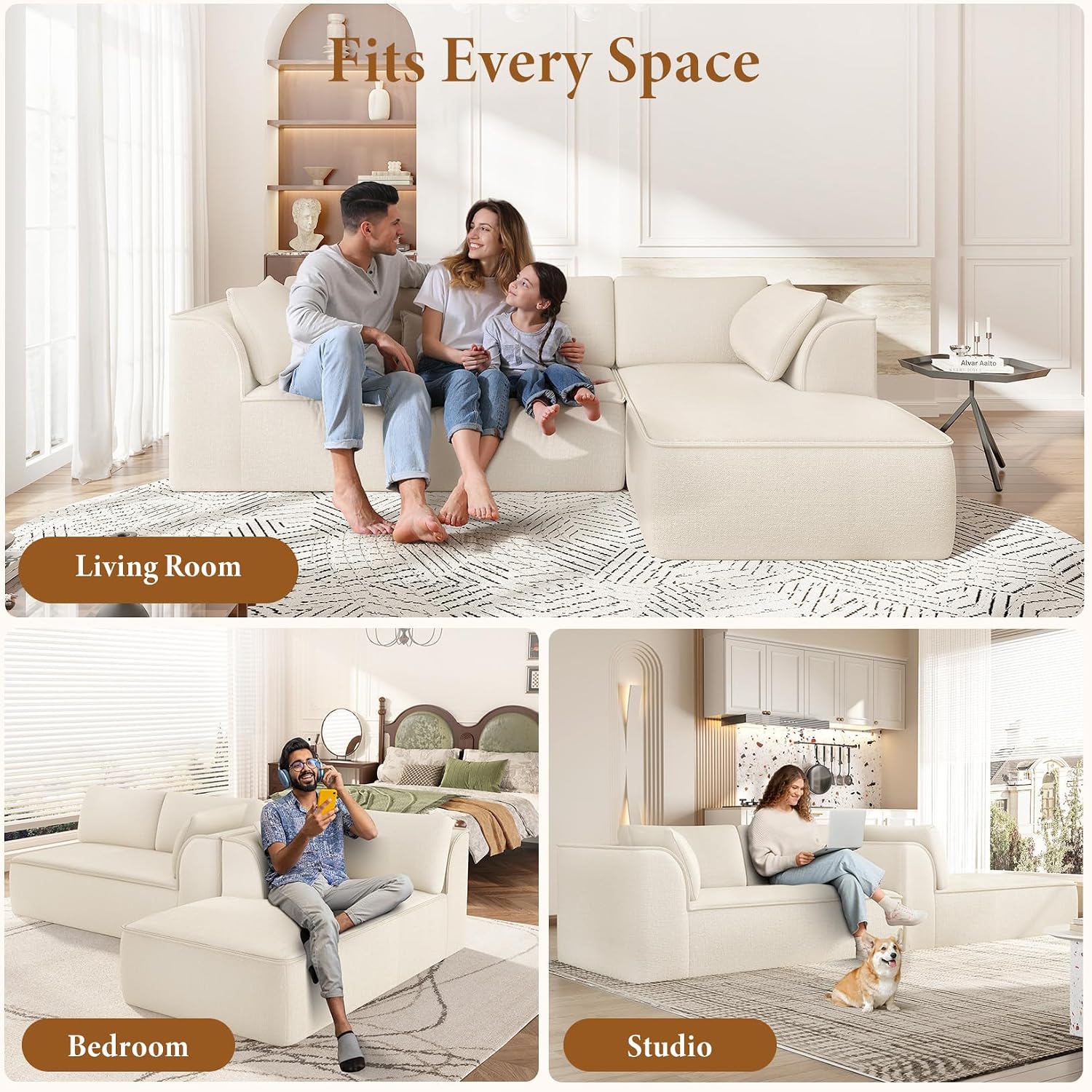 Vesgantti 106' Cloud Sectional Couch with Chaise, Deep Seat Modular Sectional Sofa Chenille Memory Foam Sofa Boneless Couches for Living Room Bedroom, No Assembly Required (Beige, Right-Facing Chaise)