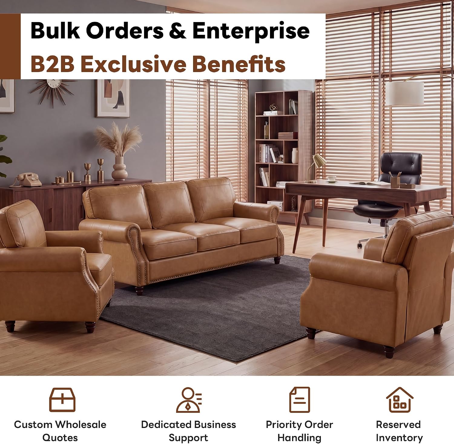 Kingfun Mid-Century Modern Couch, Faux Leather Sofa Set, 3 Seater Couch for Living Room with Rolled arms & Nailhead Trim,Brown