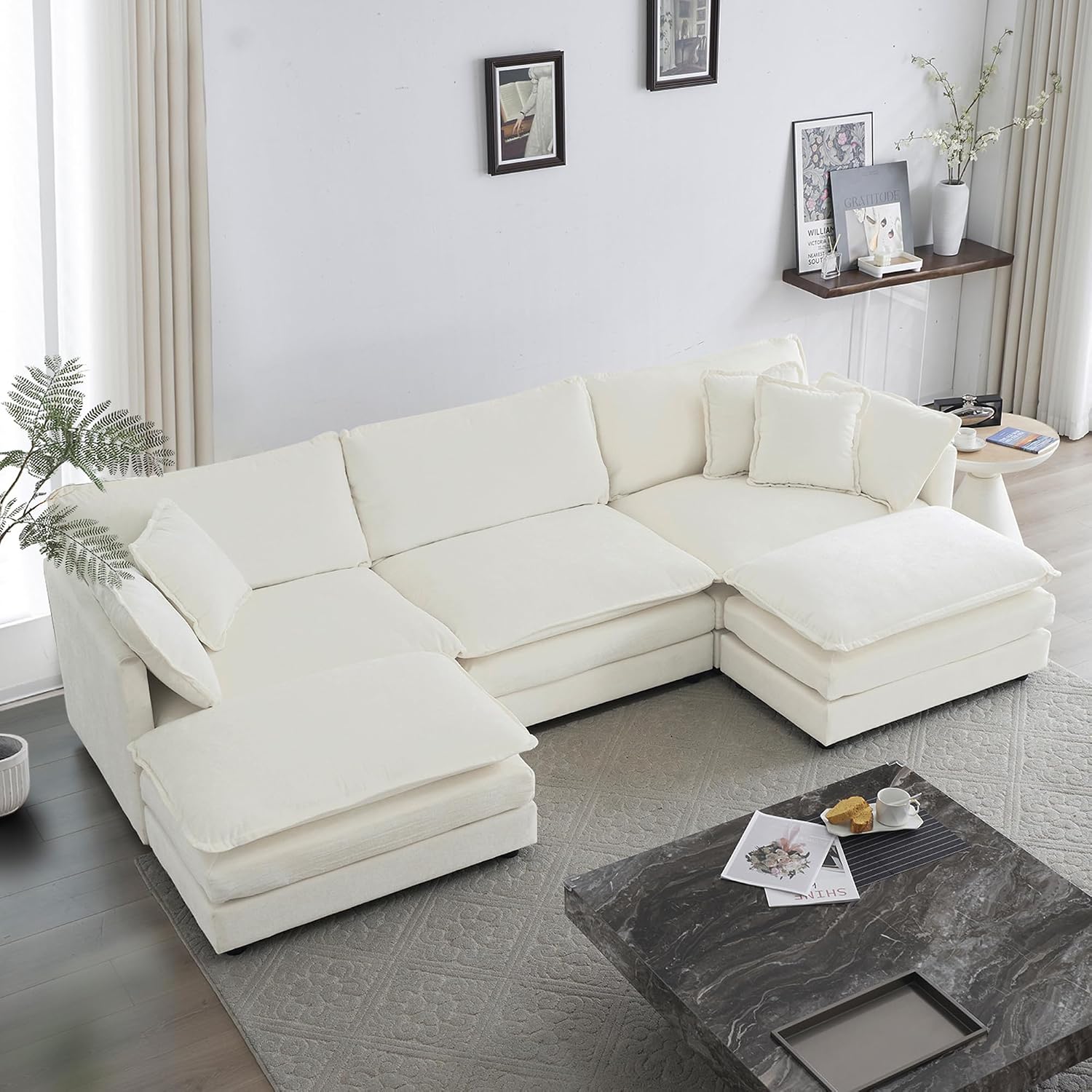 GNIXUU 111.5' Oversized Modular Sectional Sofa, Comfy Cloud Couch for Living Room, Modern Chenille Large Deep Seat U Shaped Couch with Reversible Chaise & Cushions(6 Seater, Beige White)