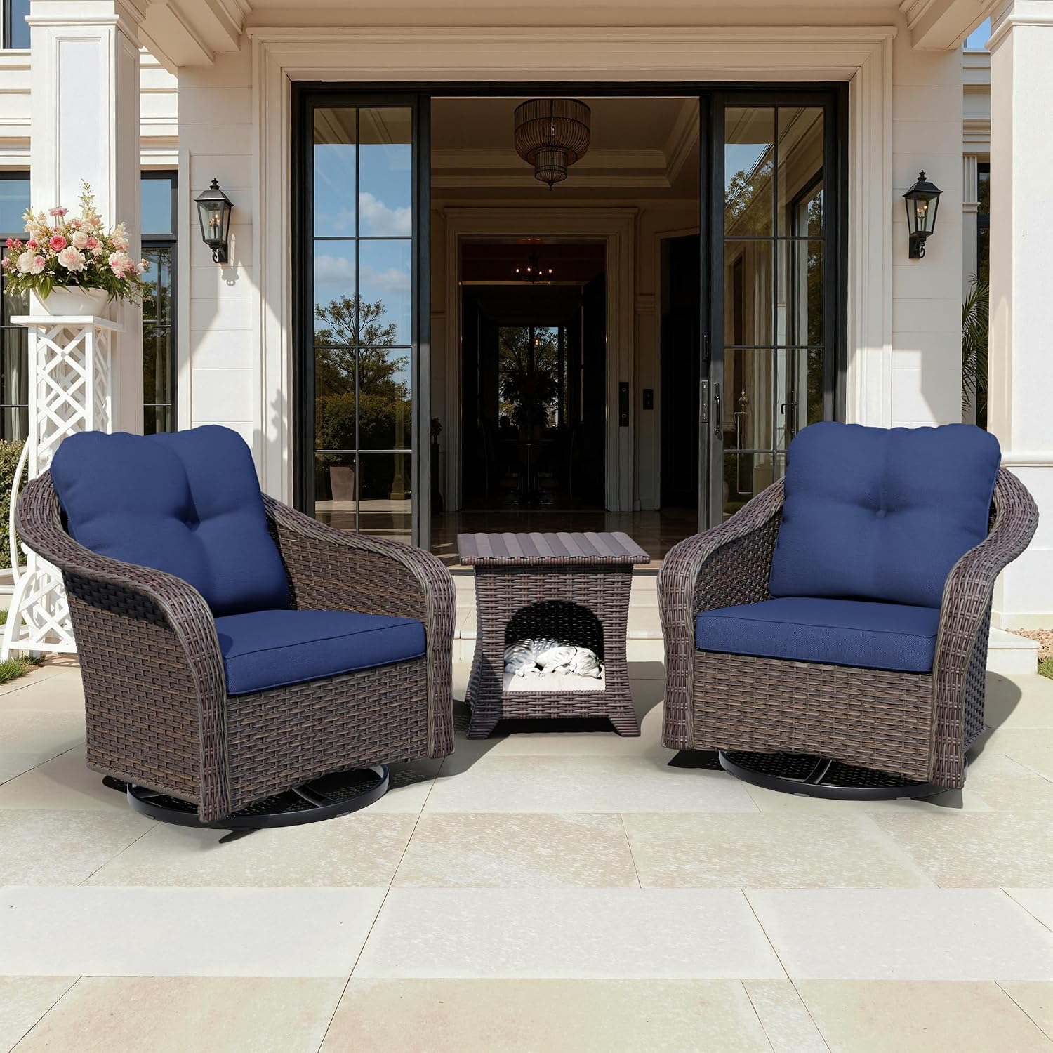 Wicker Swivel Rocking Chairs Set 2 with Storage Side Table - Outdoor Brown Wicker Swivel Glider Chair Outdoor Rocking Chair with Water-Resistant Cushions, Blue