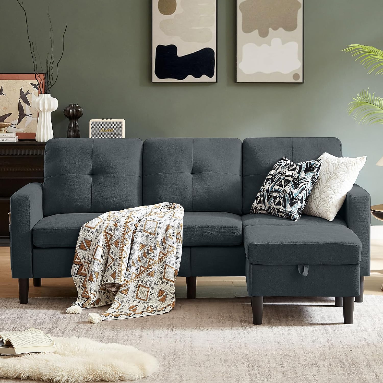 80' Convertible Sectional Sofa Couch with Movable Ottoman, 3 Seats Sectional Sofas L Shaped Couch for Small Spaces, Soft Fabric Couch for Living Room (Dark Grey)