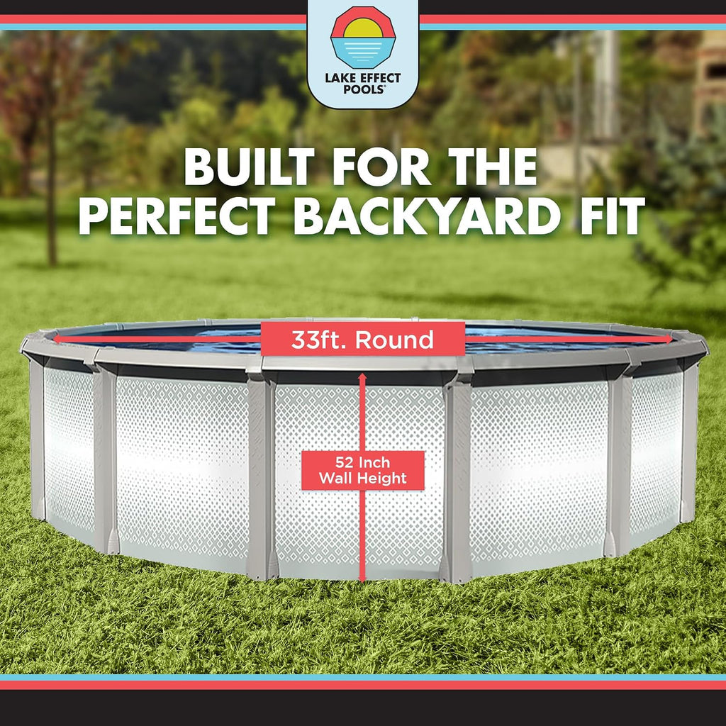 Lake Effect Pools 'Grand Cayman' 33 ft Round Above Ground Swimming Pool | 52 Inch Strong Extruded Resin Components | Bundle Includes: 25 Gauge Overlap Liner & Widemouth Skimmer