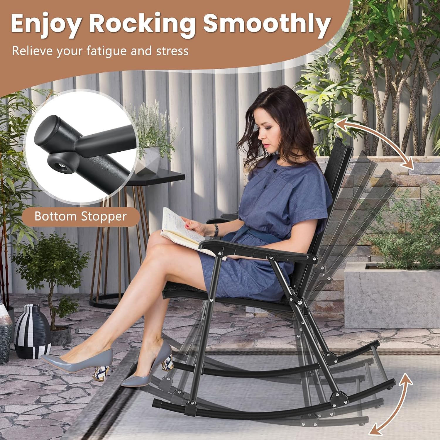 Tangkula Folding Rocking Chairs Set of 2, Patio Rockers with Breathable Seat Fabric & Sturdy Metal Frame, Smooth Rocking Motion, Heavy-Duty Outdoor Rocker for Backyard, Front Porch, Poolside