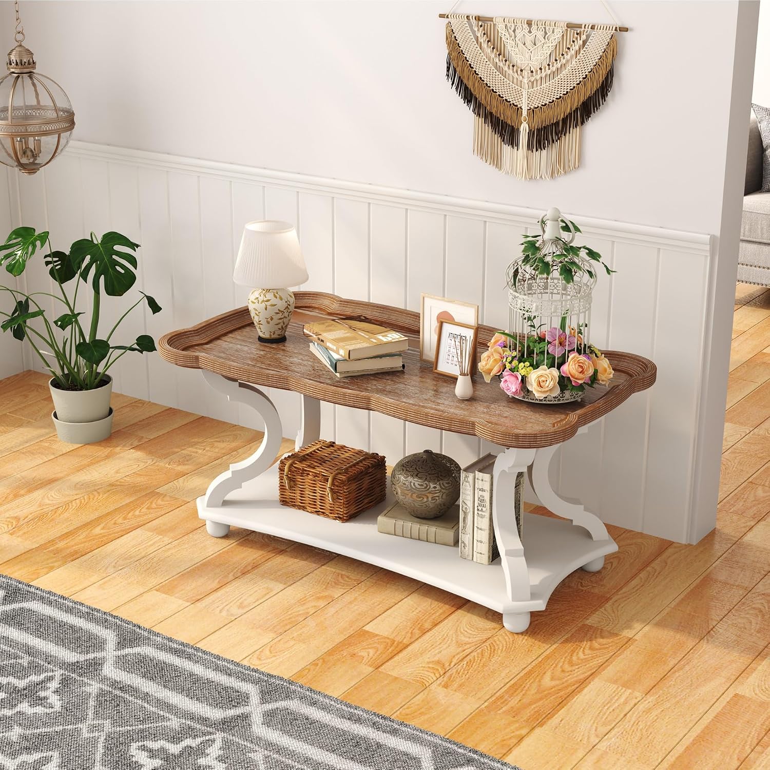 Function Home Farmhouse Coffee Table, 2-Tier Center Table with Storage Shelf, 39.8' French Country Rectangle Accent Table with Natural Tray Top and Curved Legs for Living Room Balcony, Vintage White