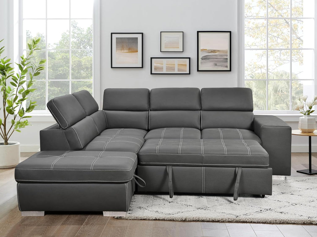 THSUPER 104'' Microfiber L Shaped Sectional Sleeper Sofa Couch with Pull Out Bed and Storage Ottoman, Convertible Couches with Adjustable Headrest for Living Room, Left Facing Chaise. Charcoal Grey