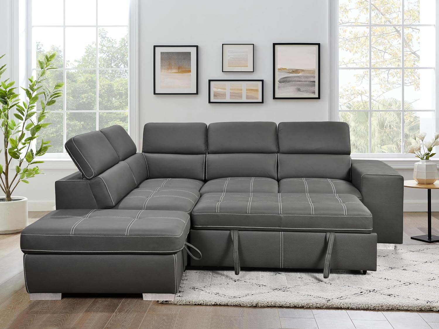 THSUPER 104'' Microfiber L Shaped Sectional Sleeper Sofa Couch with Pull Out Bed and Storage Ottoman, Convertible Couches with Adjustable Headrest for Living Room, Left Facing Chaise. Charcoal Grey