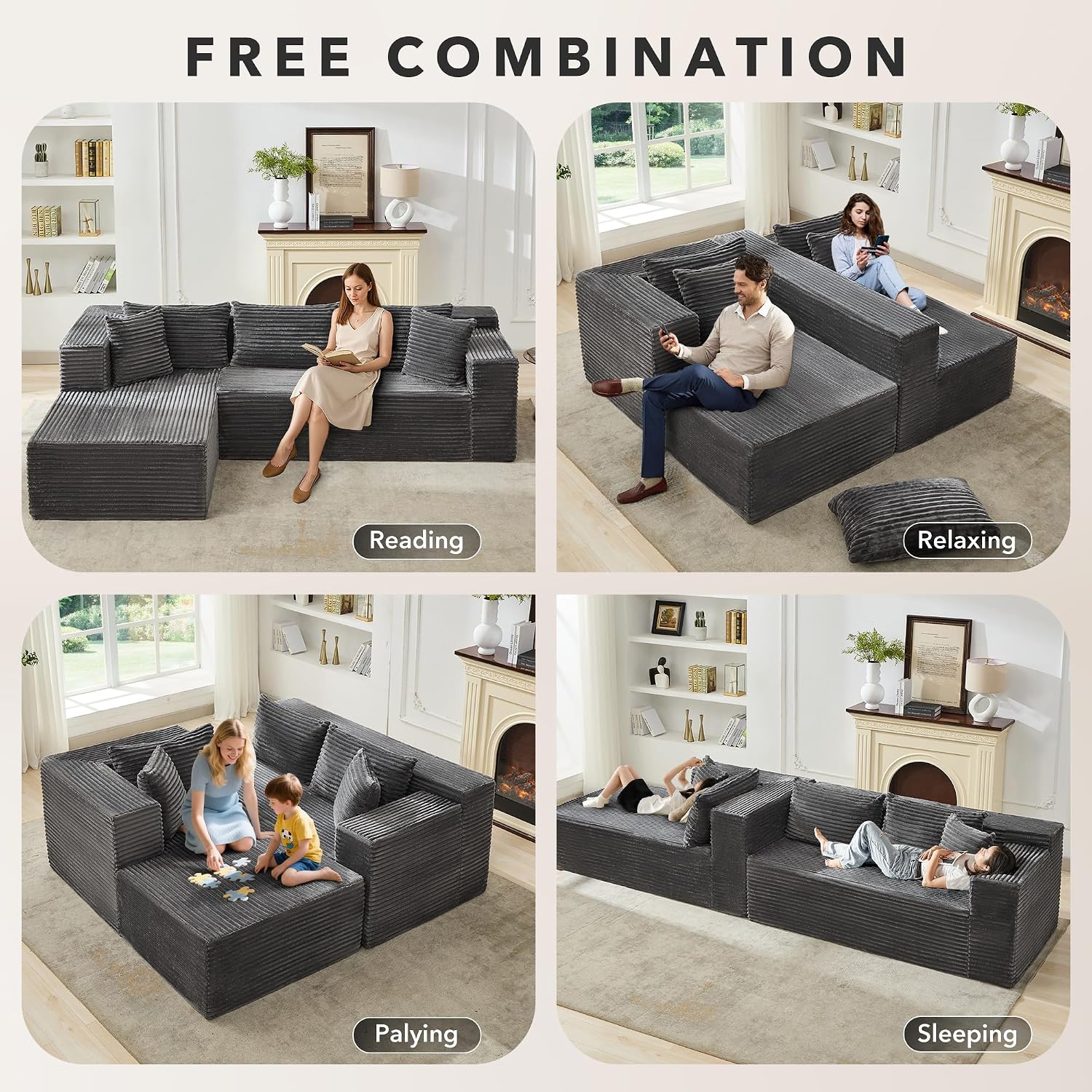 Modular Sectional Sofa Cloud Sectional Couch, 106' Comfy L Shaped Black Couches for Living Room,Oversized Sofa Sleeper with Deep Seat, No Assembly Required