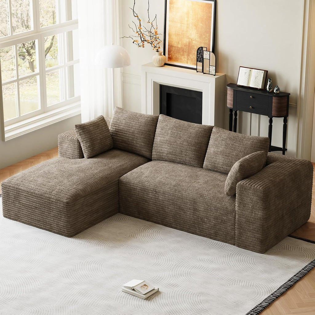 107' L-Shaped Boneless Sectional Couches for Living Room, Comfy Corduroy Fluffy Cloud Couch, Deep Seat Memory Foam Plush Modular Sectional Sofa with Left-Facing Chaise, No Assembly, Brown