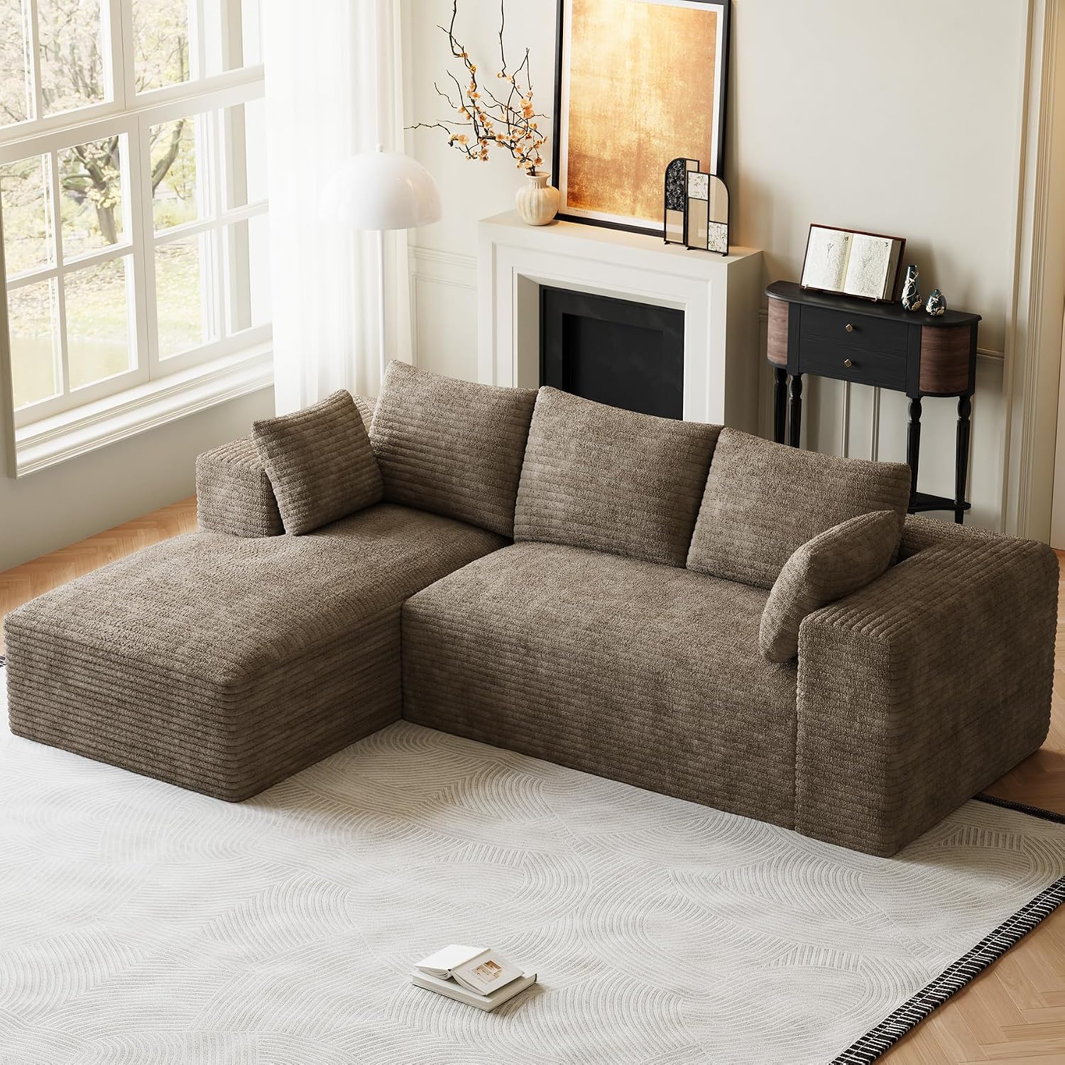 107' L-Shaped Boneless Sectional Couches for Living Room, Comfy Corduroy Fluffy Cloud Couch, Deep Seat Memory Foam Plush Modular Sectional Sofa with Left-Facing Chaise, No Assembly, Brown