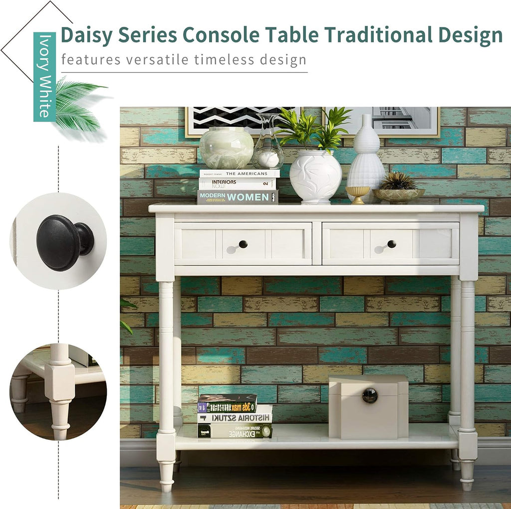 Bellemave Console Table with Drawers, Retro Entryway Table with 2 Drawers and Open Storage Shelf, Narrow Long Sofa Table, Behind Couch Table for Living Room, Foyer and Hallway, Ivory White