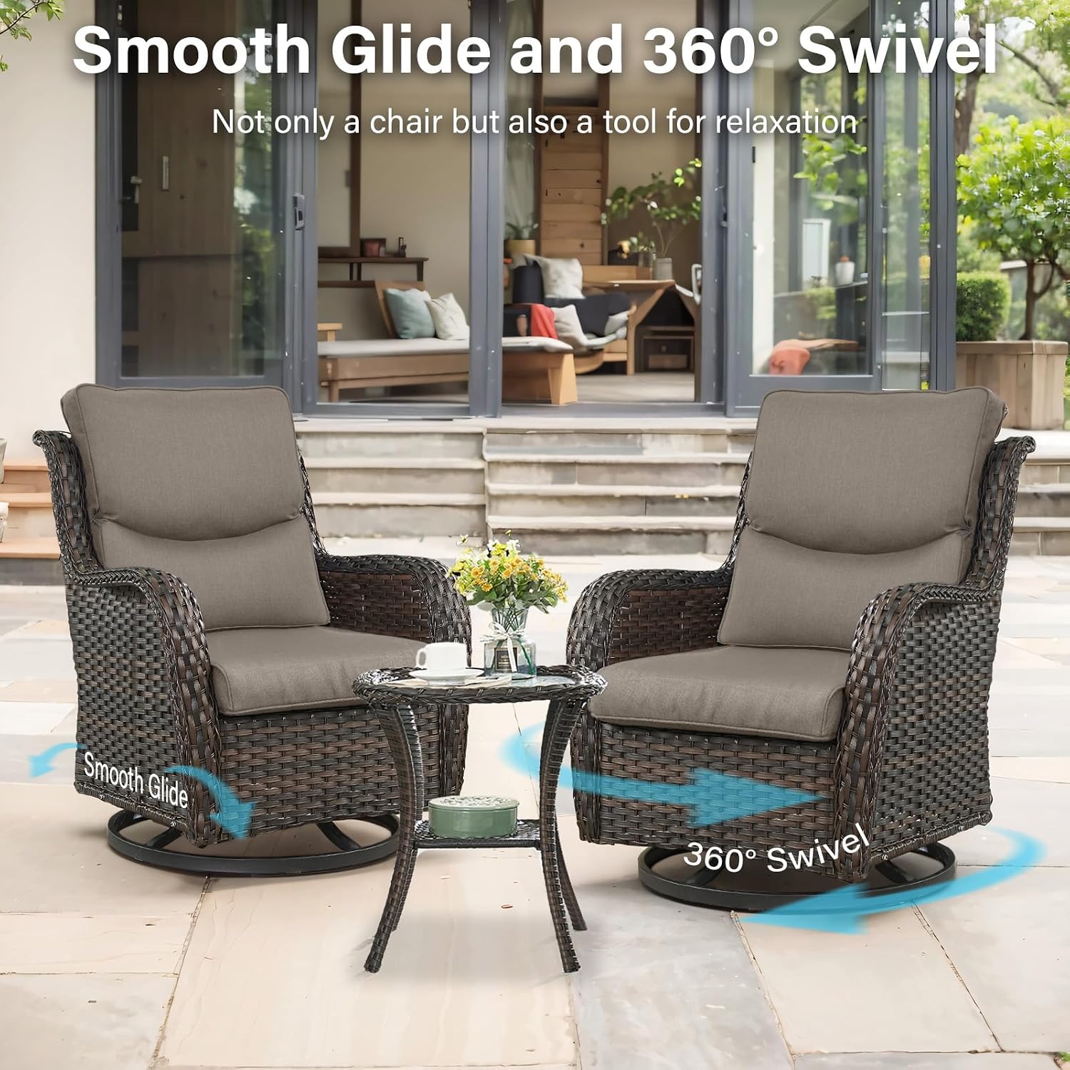 Outdoor Swivel Rocker Patio Chairs with 5' Thick Cushion - 3 Piece Wicker Bistro Set with Side Table, High Back Comfty Outdoor Glider Chairs for Balcony, Porch, Deck, Poolside - Brown-Gray