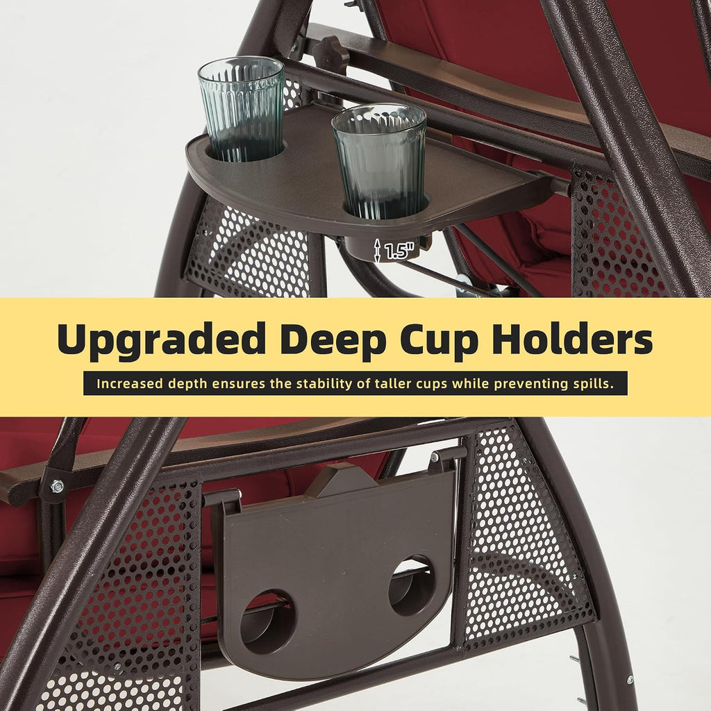 HOMREST 3 Person Outdoor Porch Swing with 1.5' Upgraded Cup Holder, Adjustable Canopy, Backrest, Patio Swing Bed with Weather Resistant Steel Frame, Cushions for Garden,Deck and Poolside(Wine Red)