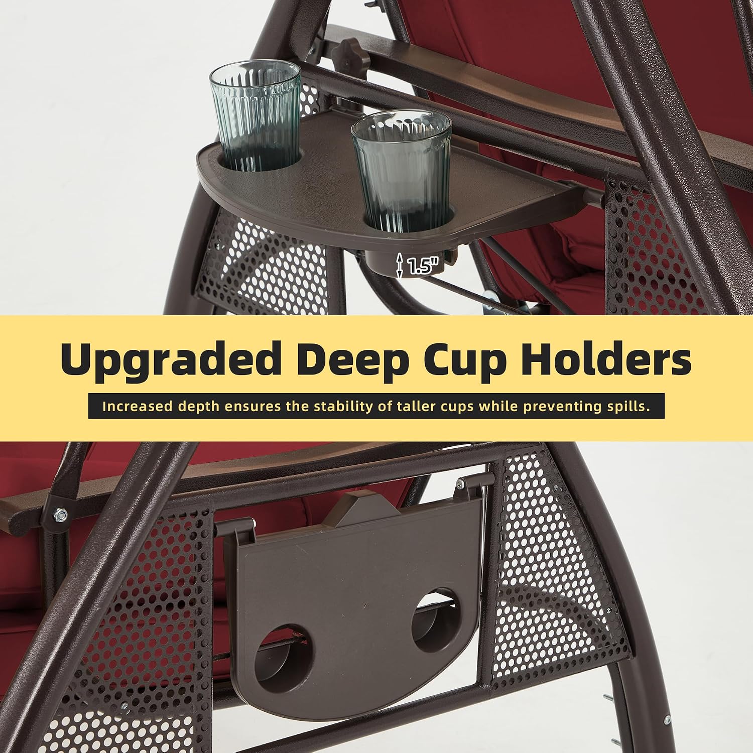 HOMREST 3 Person Outdoor Porch Swing with 1.5' Upgraded Cup Holder, Adjustable Canopy, Backrest, Patio Swing Bed with Weather Resistant Steel Frame, Cushions for Garden,Deck and Poolside(Wine Red)