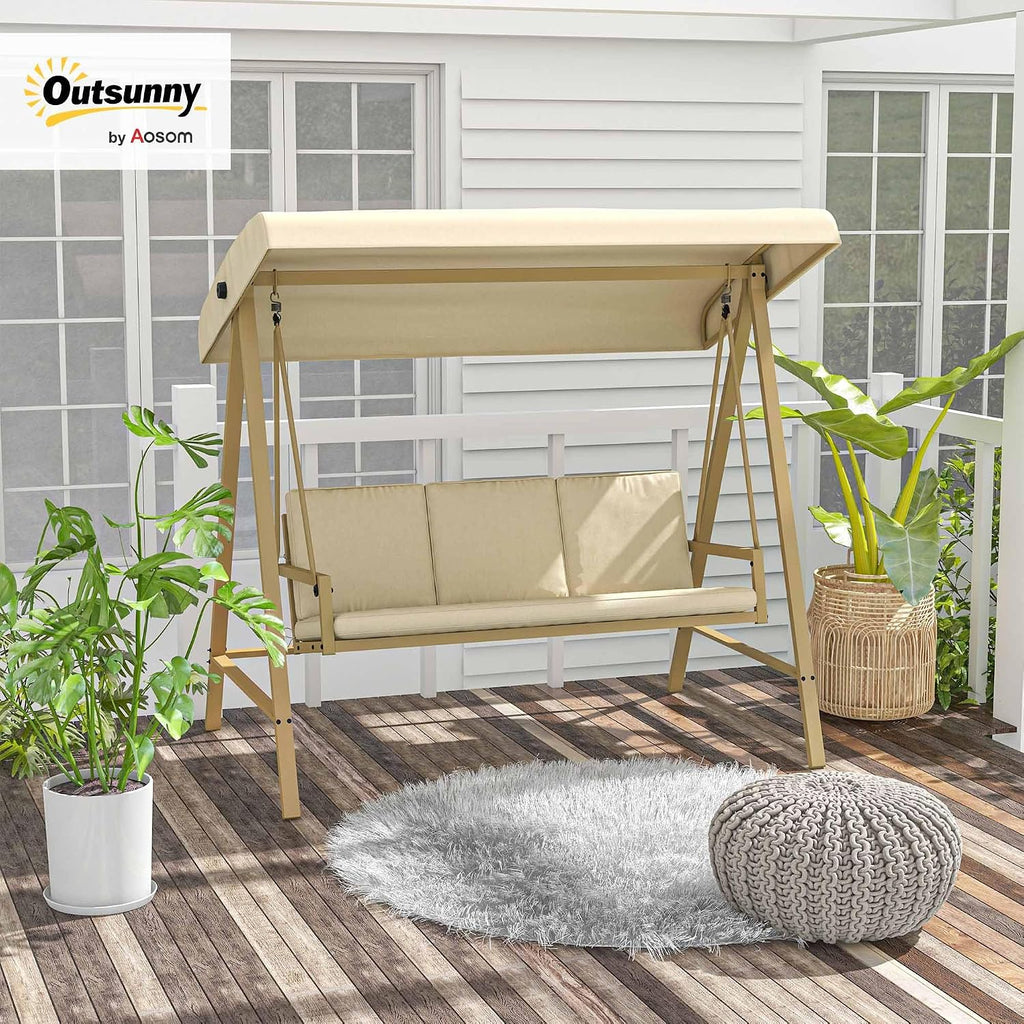 Outsunny 3-Seater Outdoor Porch Swing with Stand, Heavy Duty Patio Swing Chair with Adjustable Canopy, Removable Cushions, Breathable Mesh Seat for Garden, Backyard, and Poolside, Beige