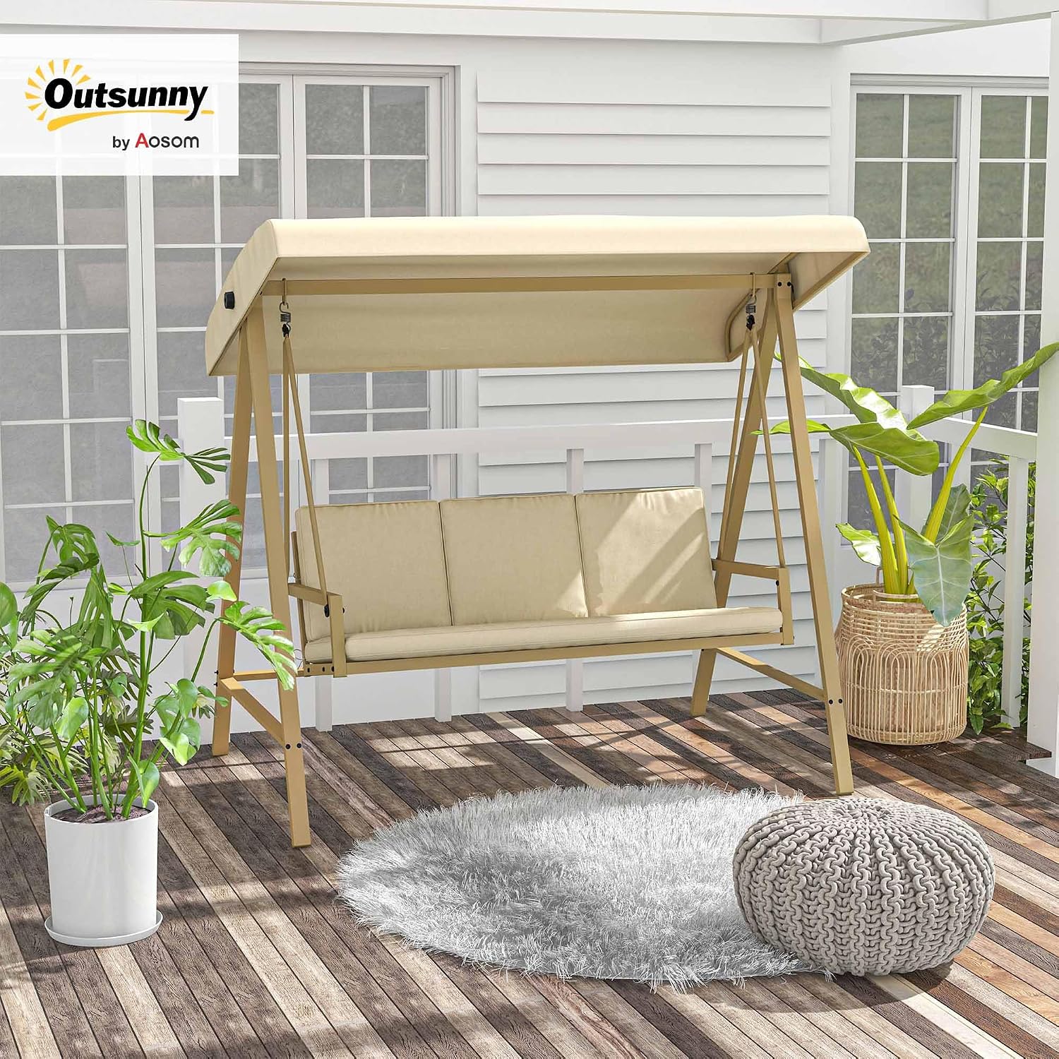 Outsunny 3-Seater Outdoor Porch Swing with Stand, Heavy Duty Patio Swing Chair with Adjustable Canopy, Removable Cushions, Breathable Mesh Seat for Garden, Backyard, and Poolside, Beige