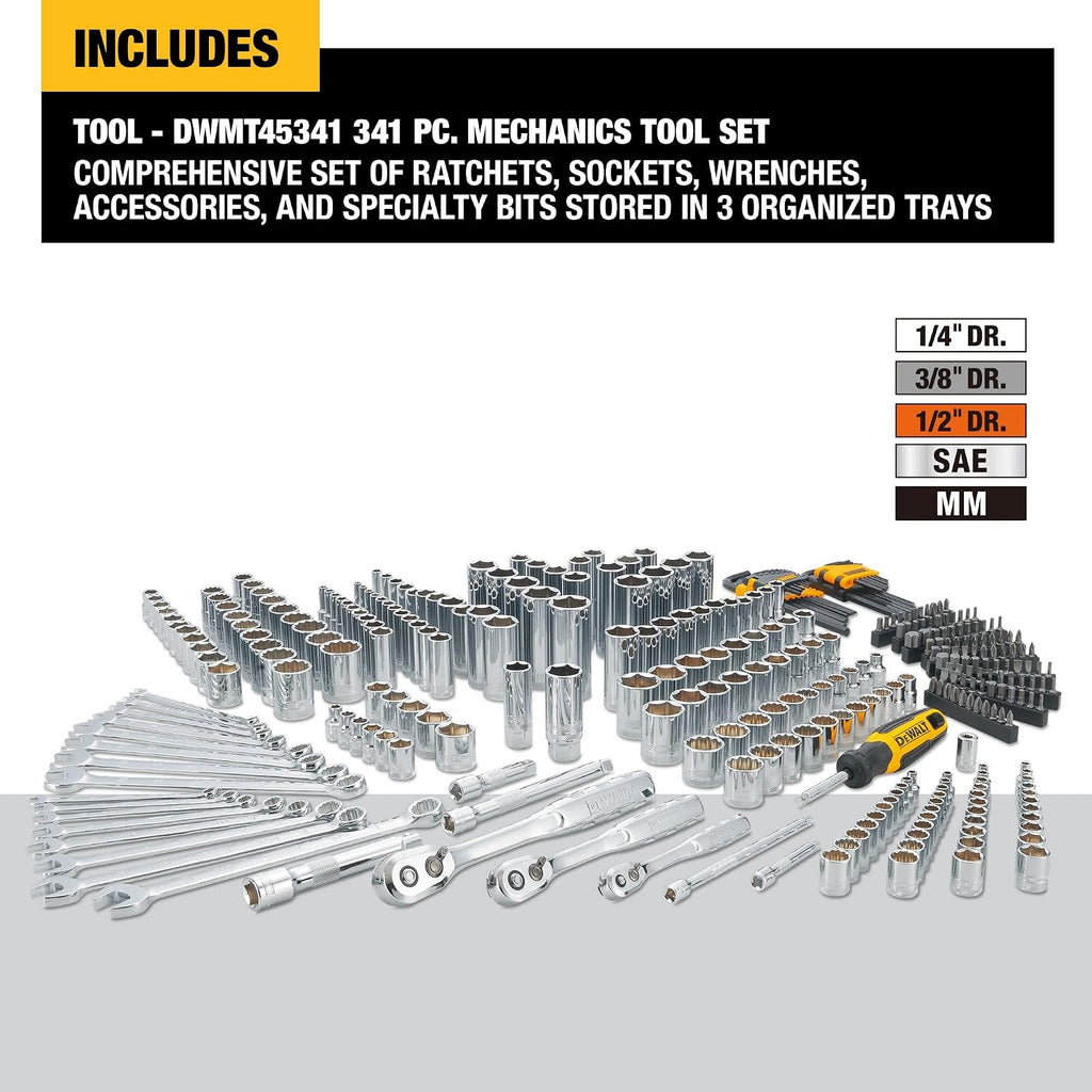 DEWALT Mechanics Tool Set, 1/4', 3/8', 1/2' Drive Tools and Combo Wrenches, 341 Piece (DWMT45341)