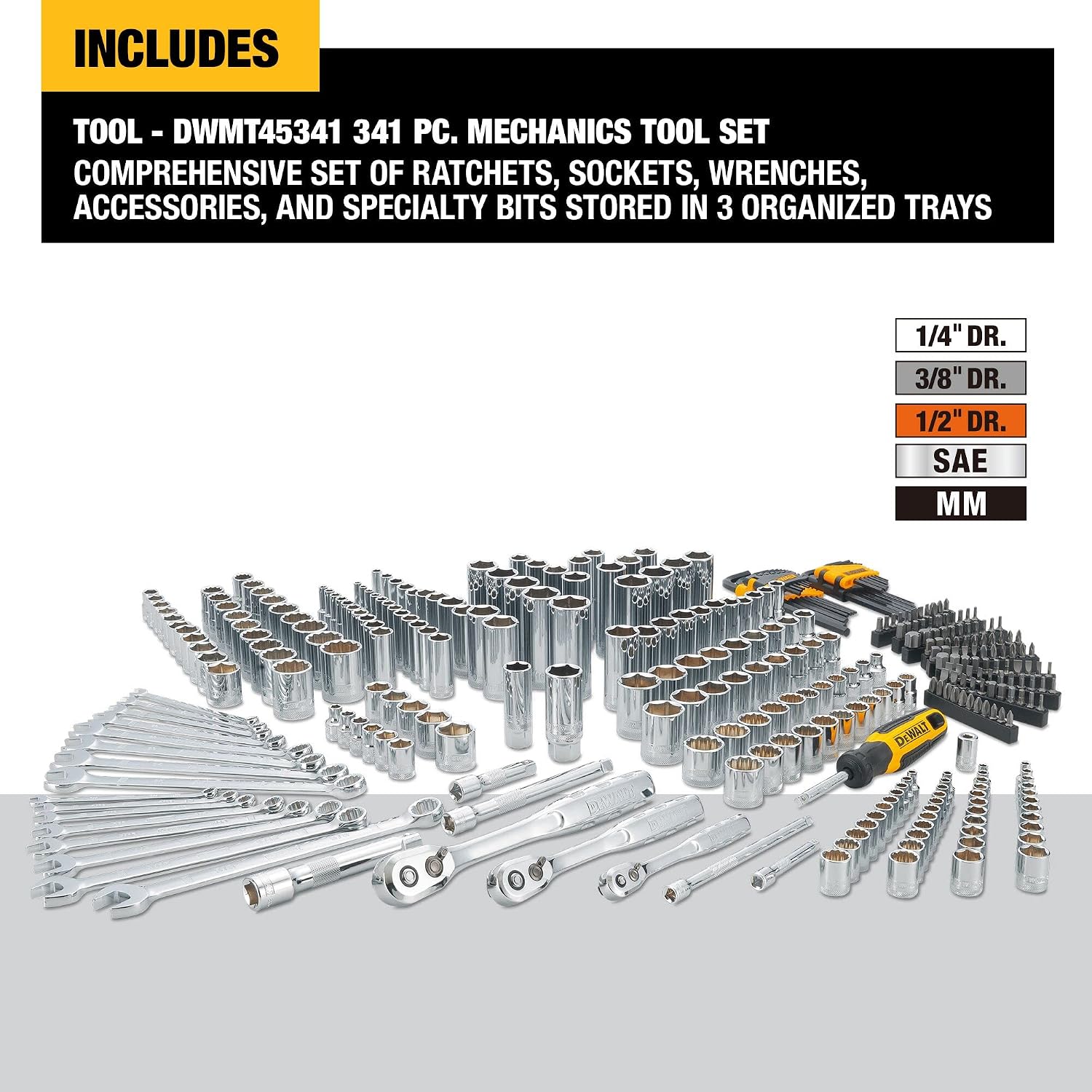 DEWALT Mechanics Tool Set, 1/4', 3/8', 1/2' Drive Tools and Combo Wrenches, 341 Piece (DWMT45341)