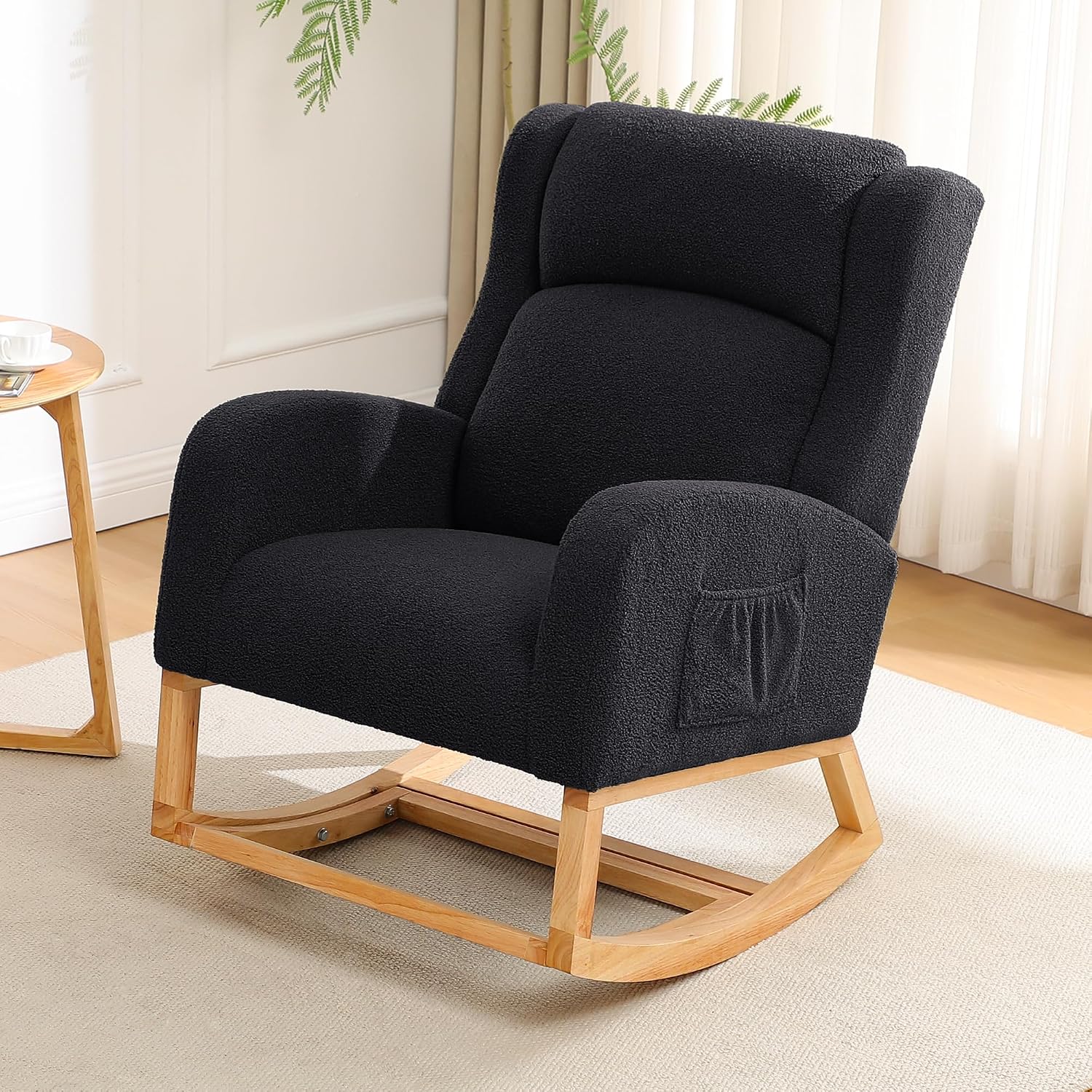 HCHAIRH Rocking Chair Nursery, Nursing Rocking Chairs for Mom Nursery, Comfy Wingback Glider Rocking Armchair with Foot Rest and Side Pocket for Nursery Living Room Bedroom, Teddy Black